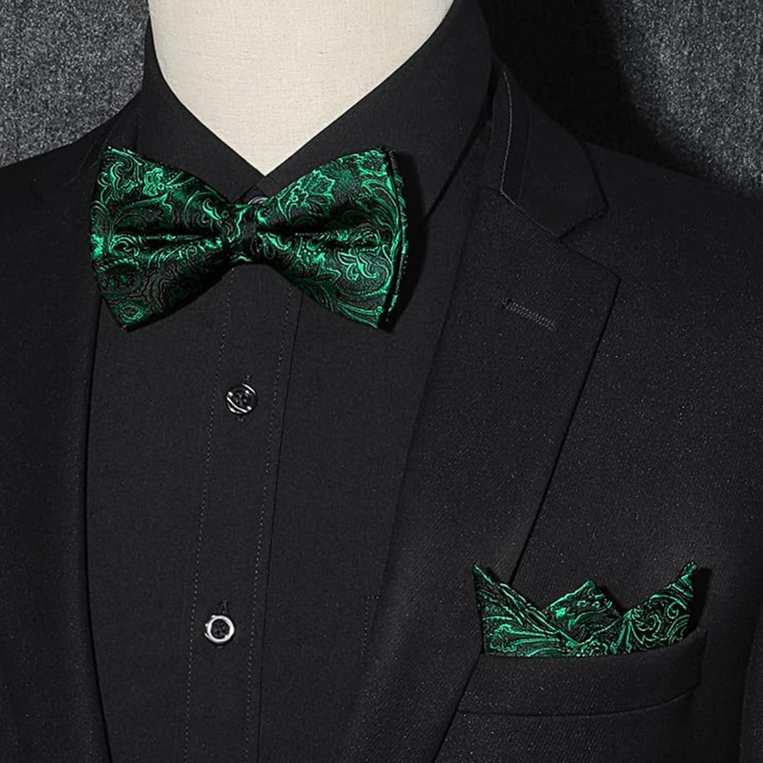 imageHISDERN Bow Ties for Men Paisley Floral Pretied Bowtie Pocket Square Set Mens Formal Bow Ties Wedding PartyGreen 03