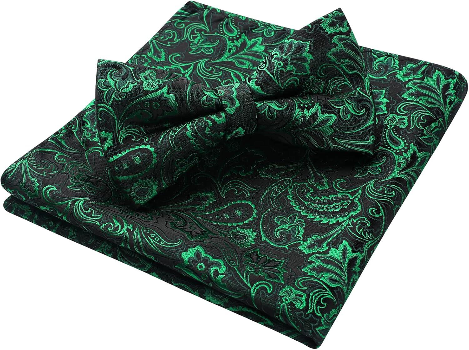 imageHISDERN Bow Ties for Men Paisley Floral Pretied Bowtie Pocket Square Set Mens Formal Bow Ties Wedding PartyGreen 03