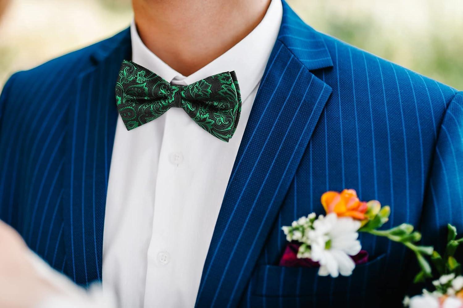 imageHISDERN Bow Ties for Men Paisley Floral Pretied Bowtie Pocket Square Set Mens Formal Bow Ties Wedding PartyGreen 03
