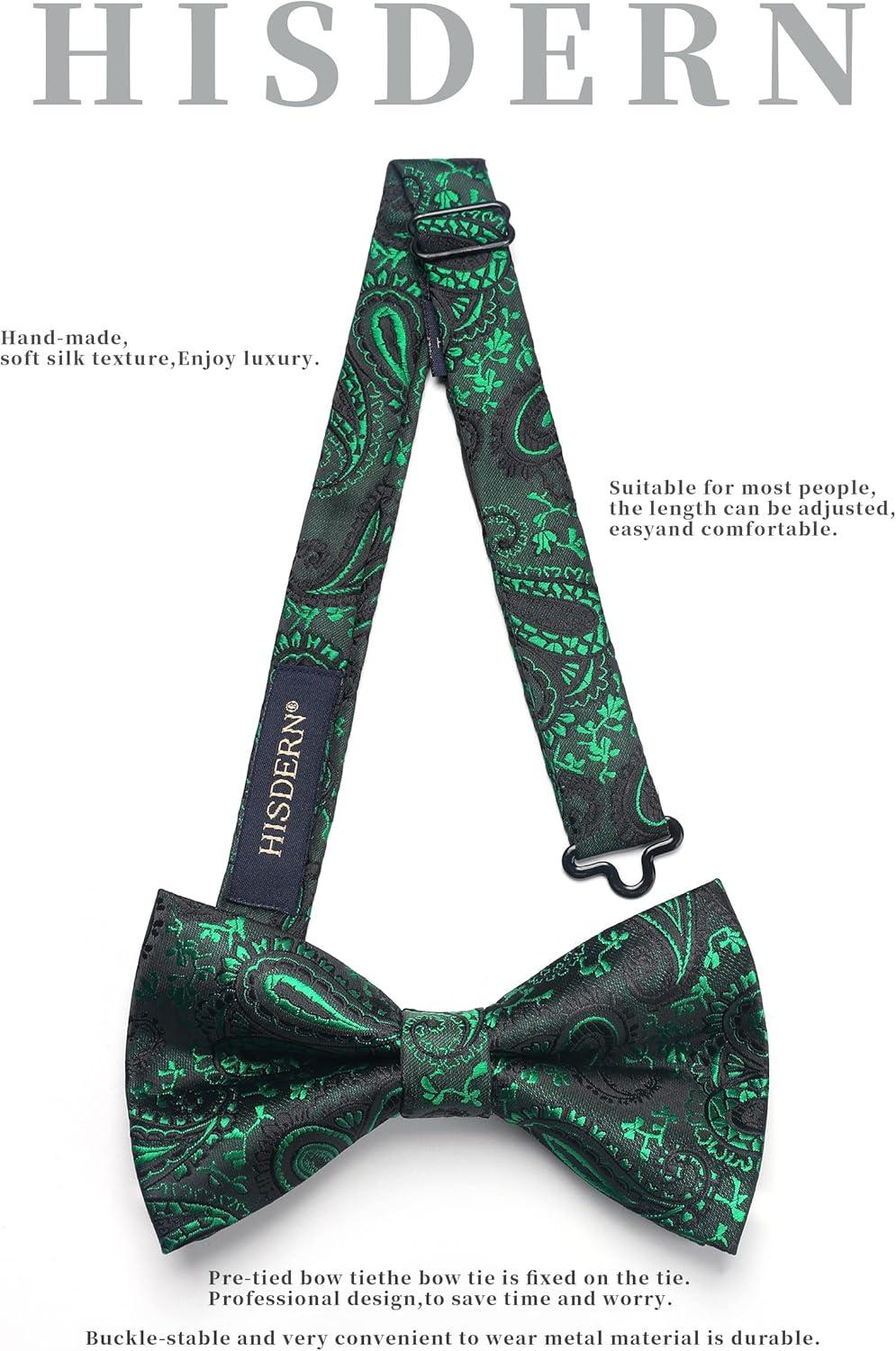 imageHISDERN Bow Ties for Men Paisley Floral Pretied Bowtie Pocket Square Set Mens Formal Bow Ties Wedding PartyGreen 2
