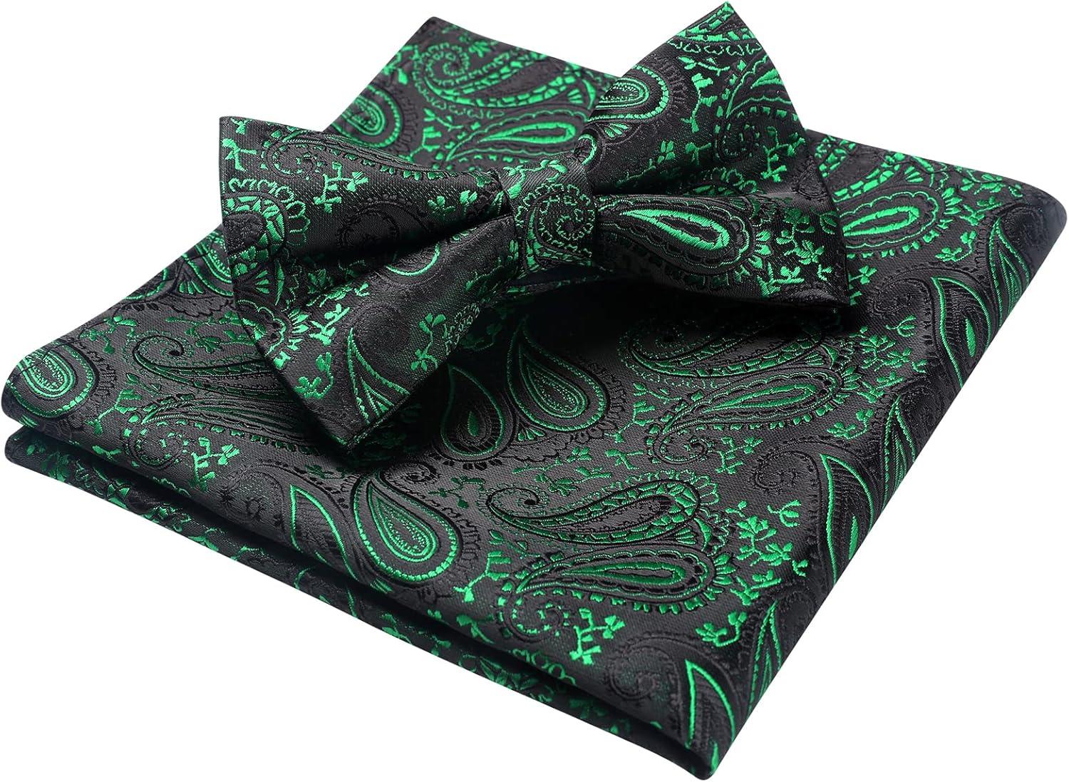 imageHISDERN Bow Ties for Men Paisley Floral Pretied Bowtie Pocket Square Set Mens Formal Bow Ties Wedding PartyGreen 2