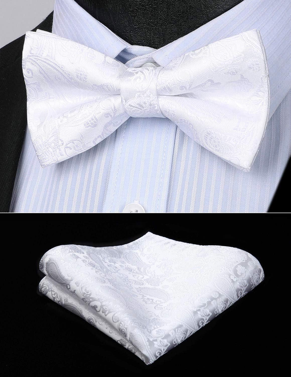 imageHISDERN Bow Ties for Men Paisley Floral Pretied Bowtie Pocket Square Set Mens Formal Bow Ties Wedding PartyHwhite