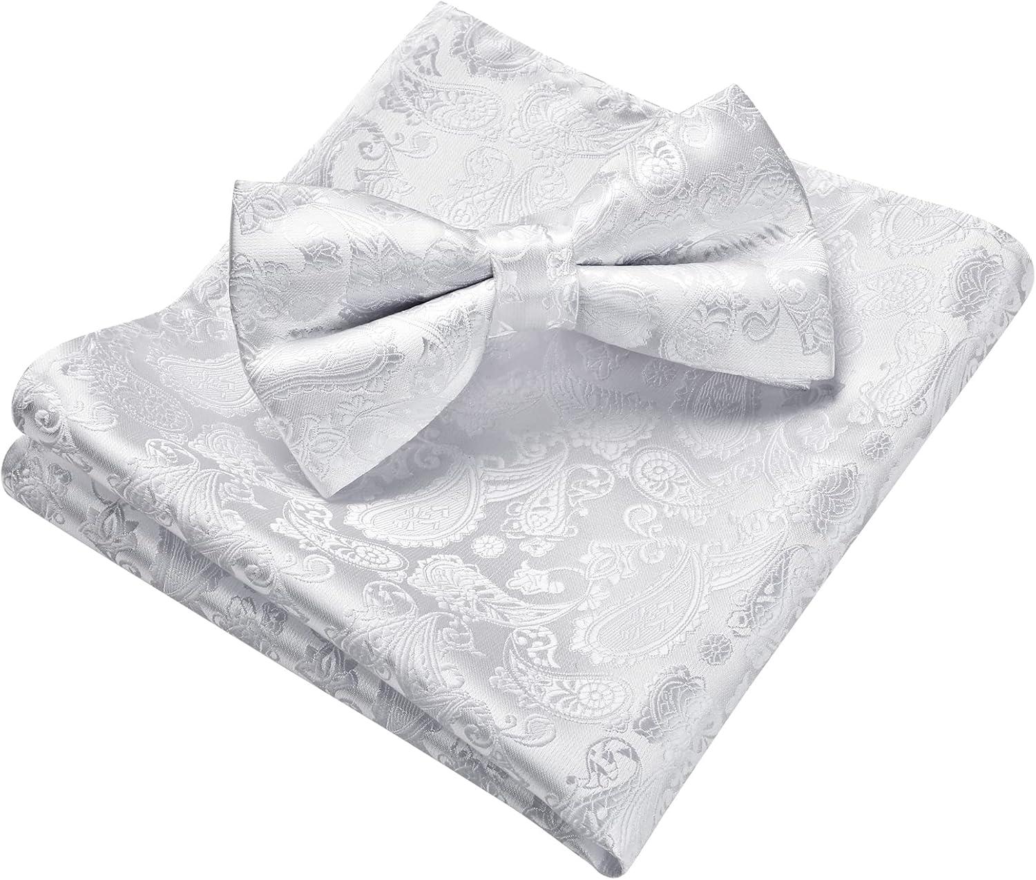 imageHISDERN Bow Ties for Men Paisley Floral Pretied Bowtie Pocket Square Set Mens Formal Bow Ties Wedding PartyHwhite
