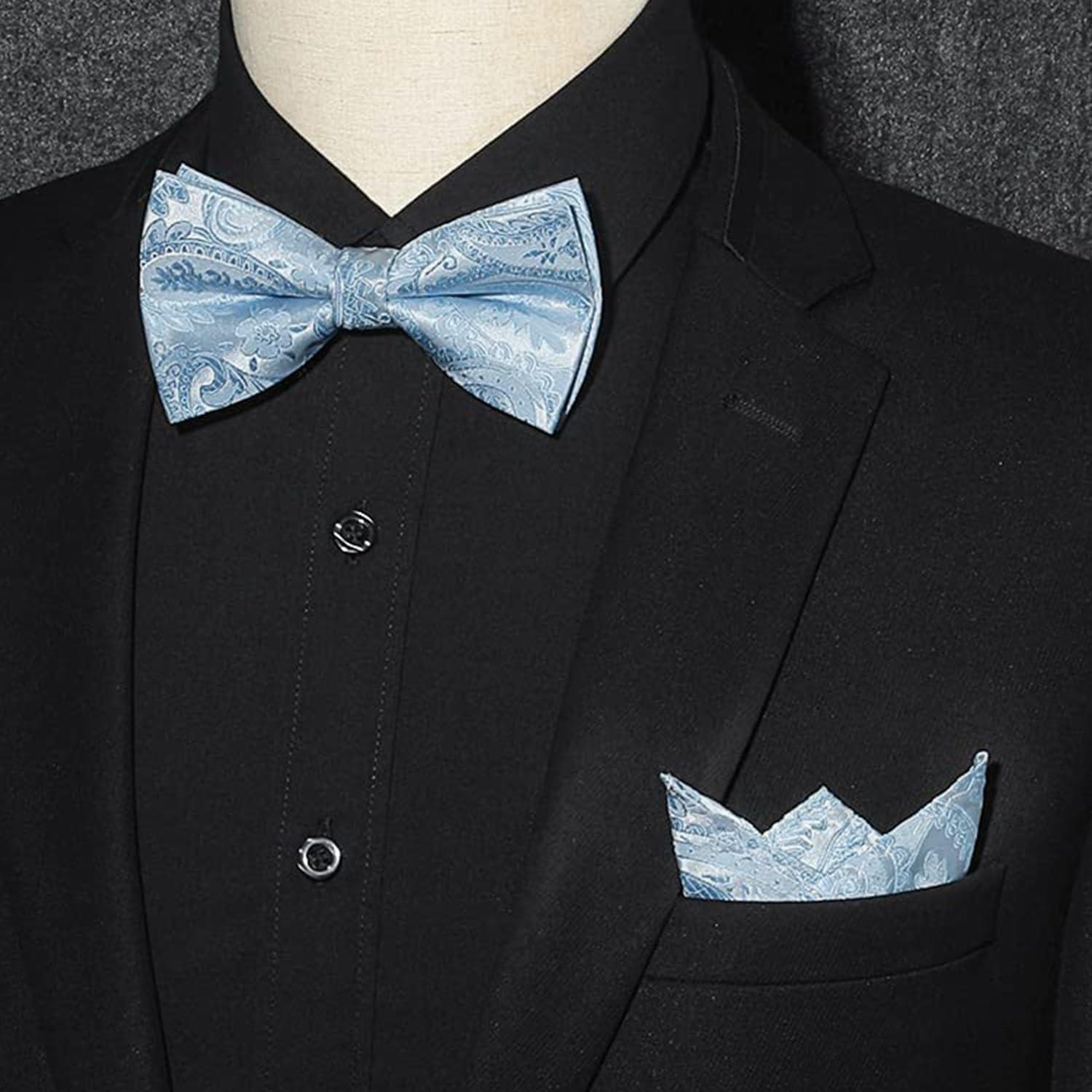 imageHISDERN Bow Ties for Men Paisley Floral Pretied Bowtie Pocket Square Set Mens Formal Bow Ties Wedding PartyLight Blue 02