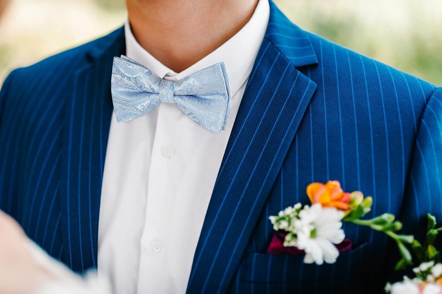 imageHISDERN Bow Ties for Men Paisley Floral Pretied Bowtie Pocket Square Set Mens Formal Bow Ties Wedding PartyLight Blue 02