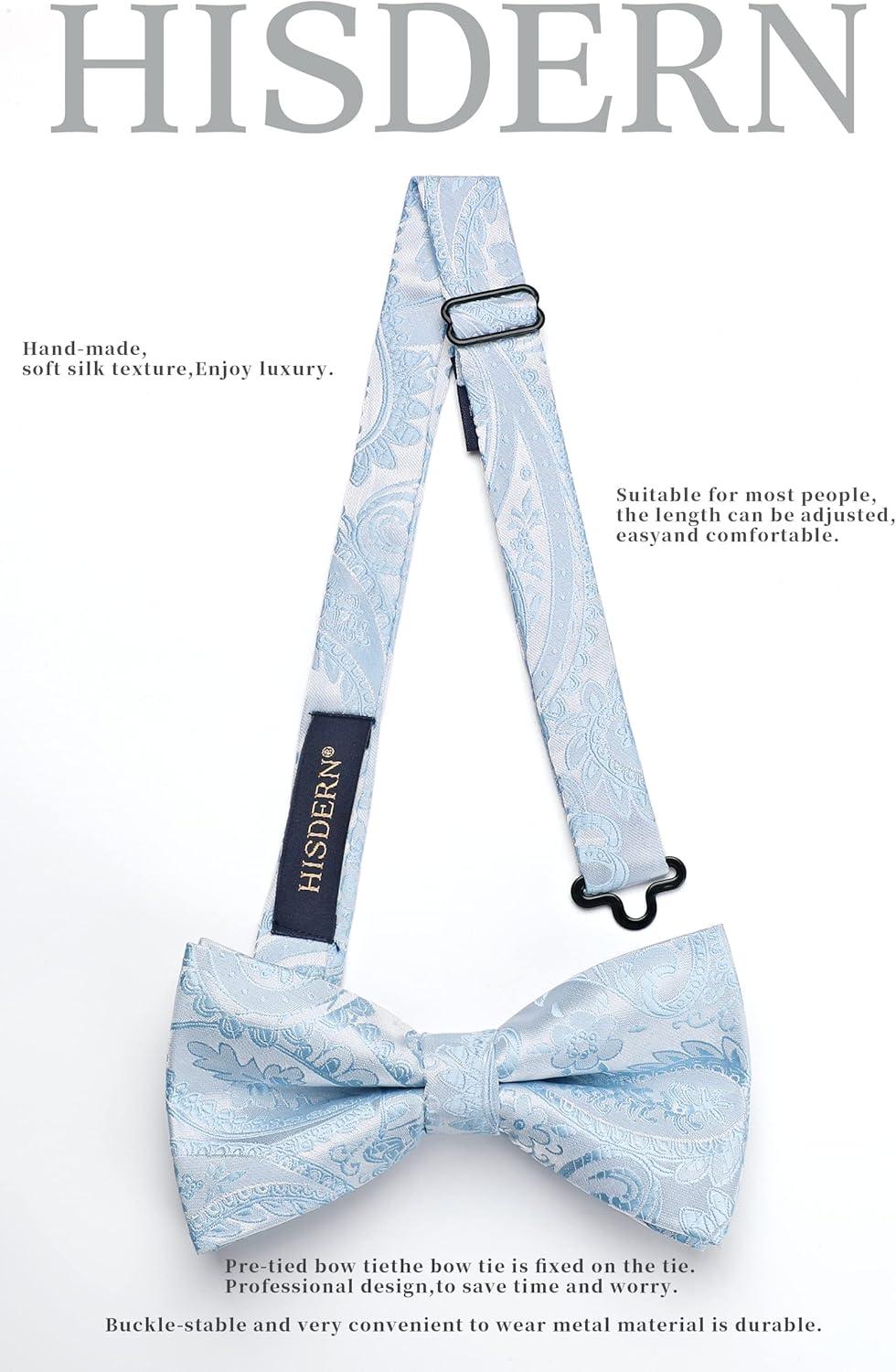 imageHISDERN Bow Ties for Men Paisley Floral Pretied Bowtie Pocket Square Set Mens Formal Bow Ties Wedding PartyLight Blue 02