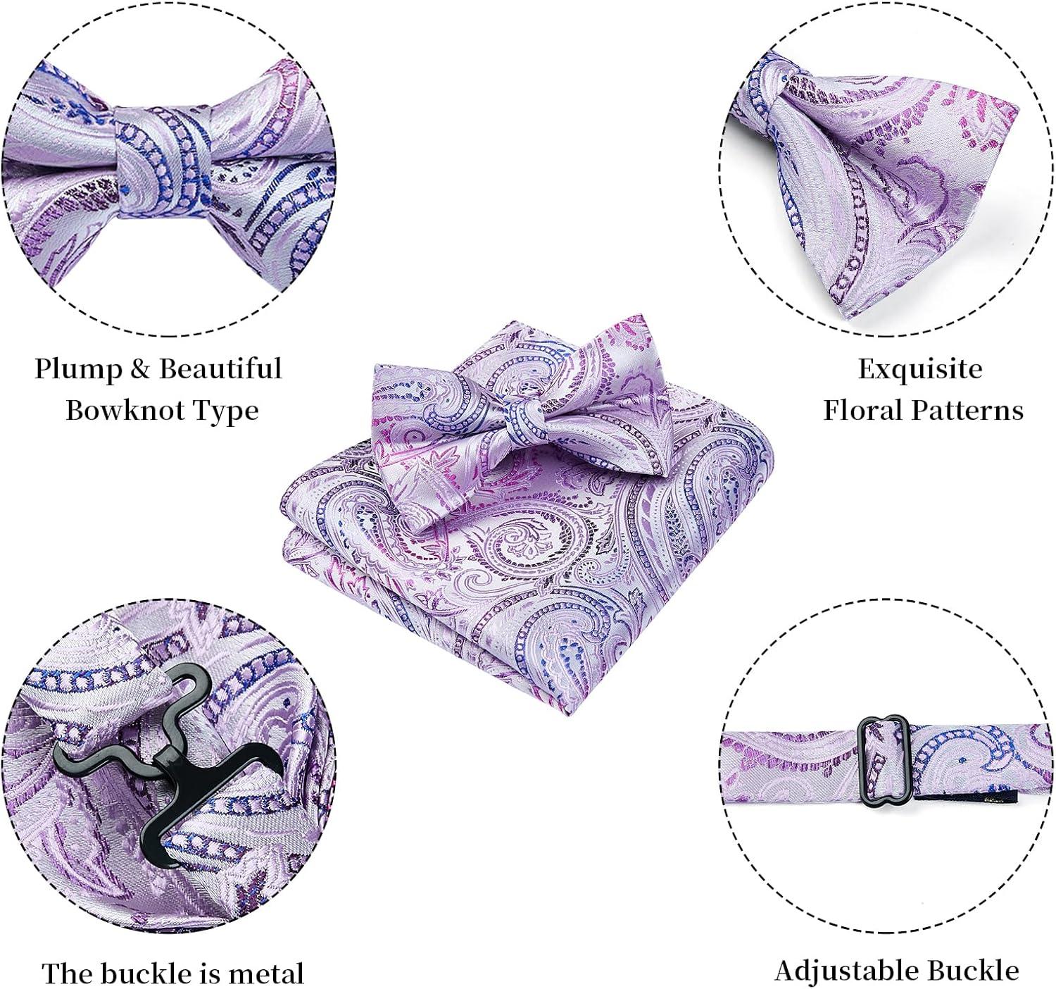 imageHISDERN Bow Ties for Men Paisley Floral Pretied Bowtie Pocket Square Set Mens Formal Bow Ties Wedding PartyLight Purple