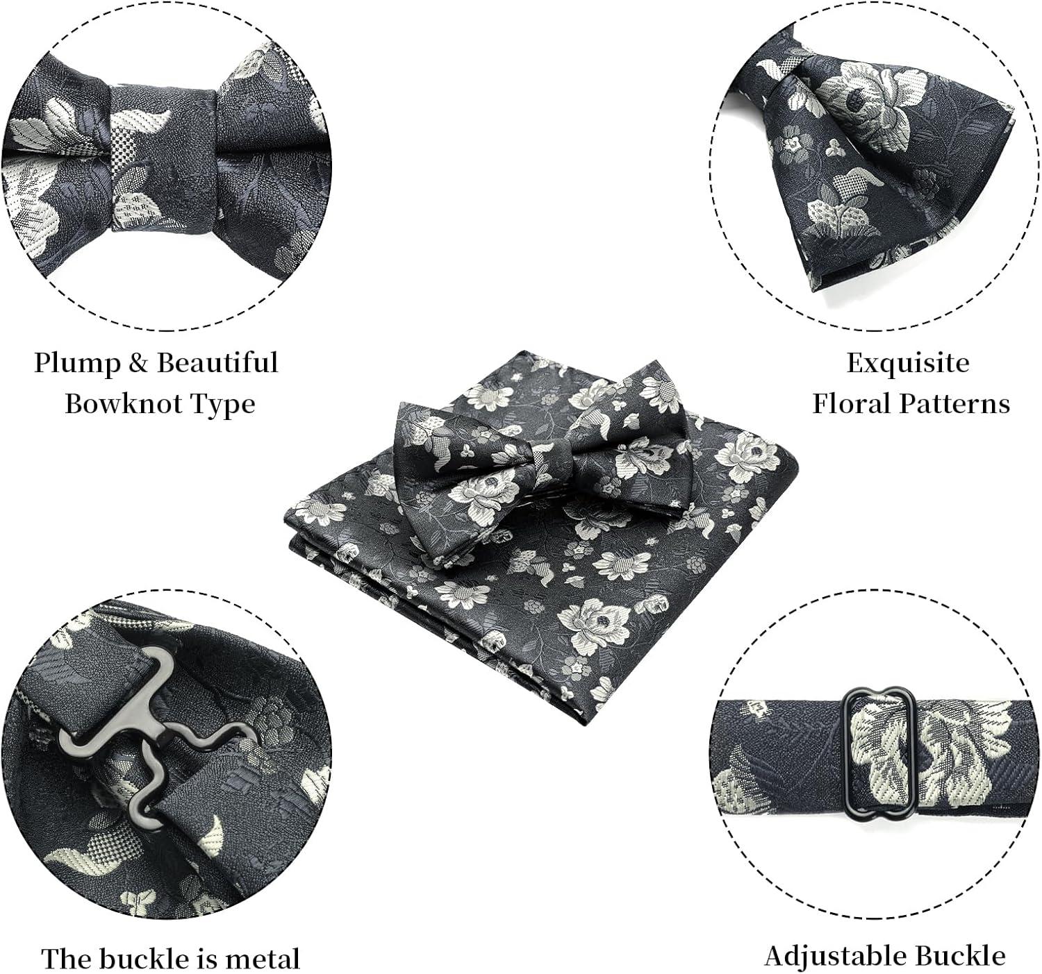 imageHISDERN Bow Ties for Men Paisley Floral Pretied Bowtie Pocket Square Set Mens Formal Bow Ties Wedding PartyNavy Blue