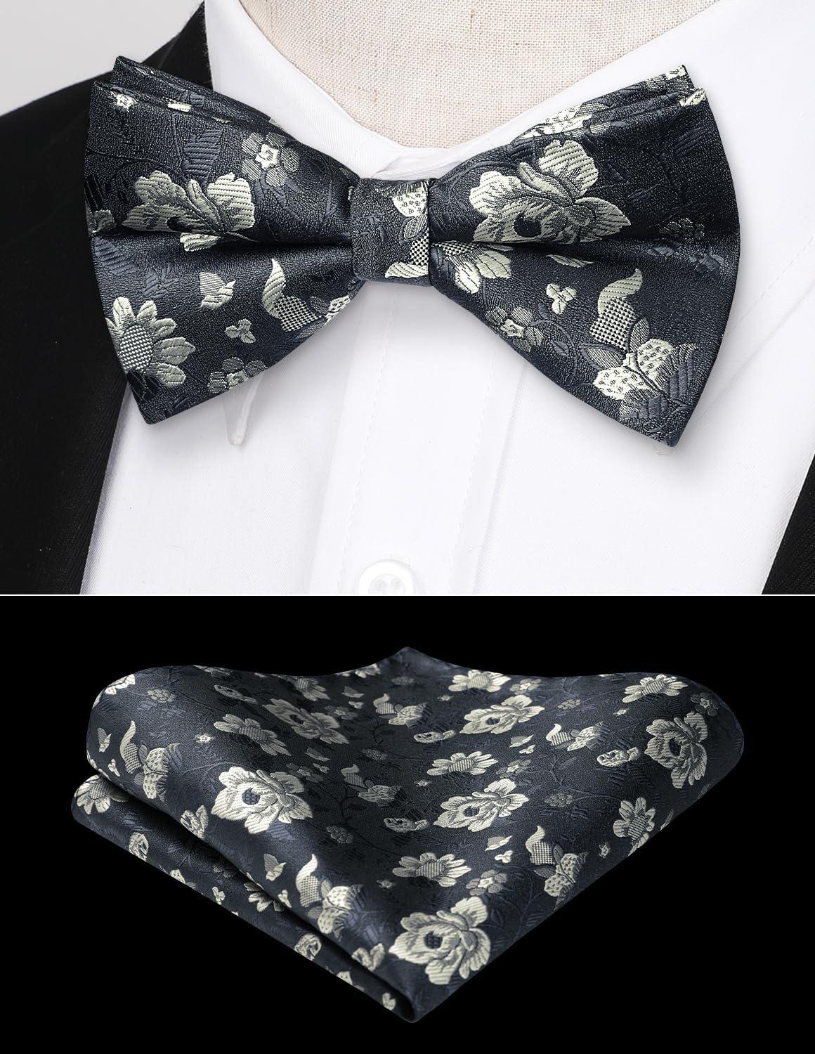 imageHISDERN Bow Ties for Men Paisley Floral Pretied Bowtie Pocket Square Set Mens Formal Bow Ties Wedding PartyNavy Blue
