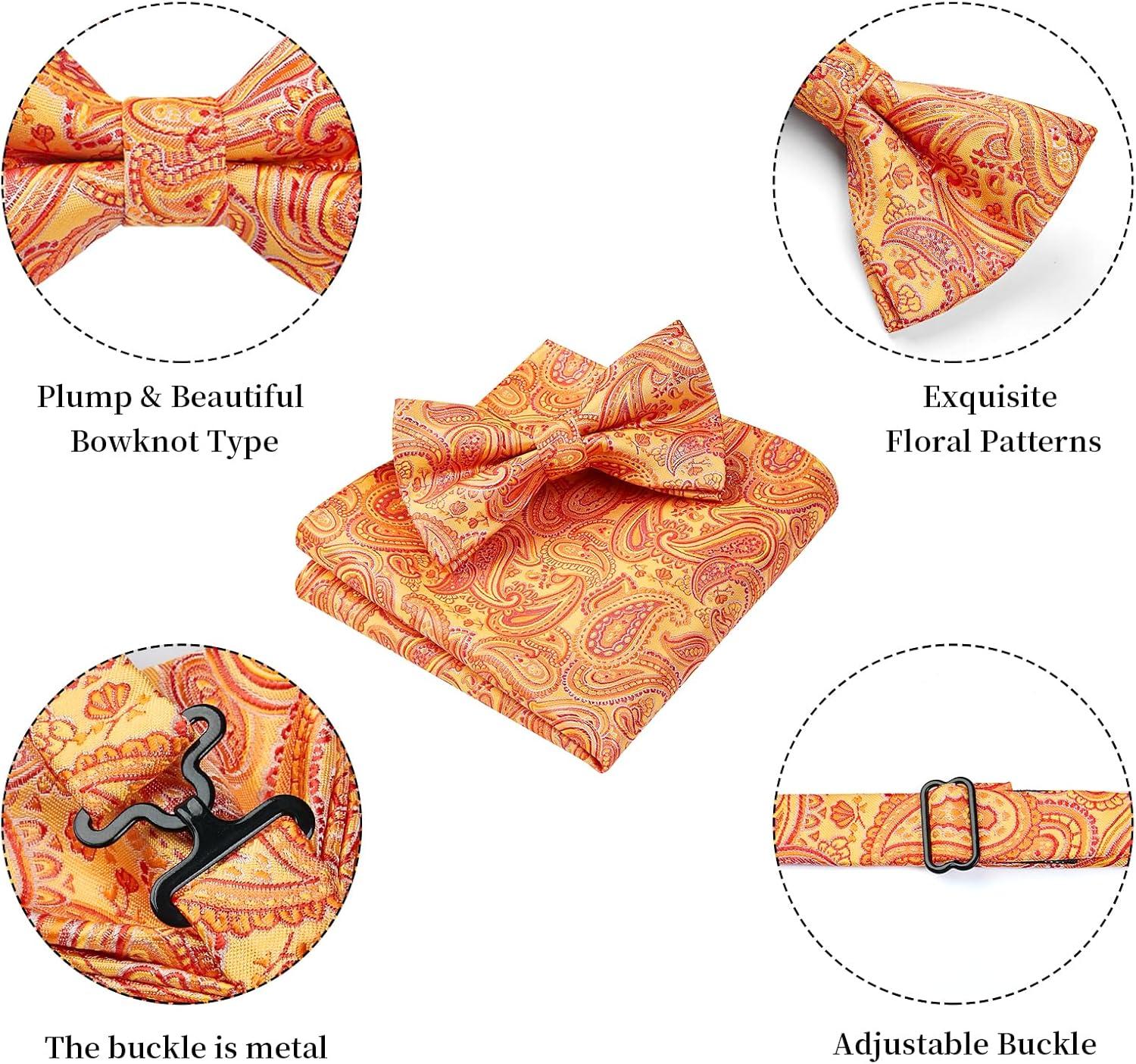 imageHISDERN Bow Ties for Men Paisley Floral Pretied Bowtie Pocket Square Set Mens Formal Bow Ties Wedding PartyOrange