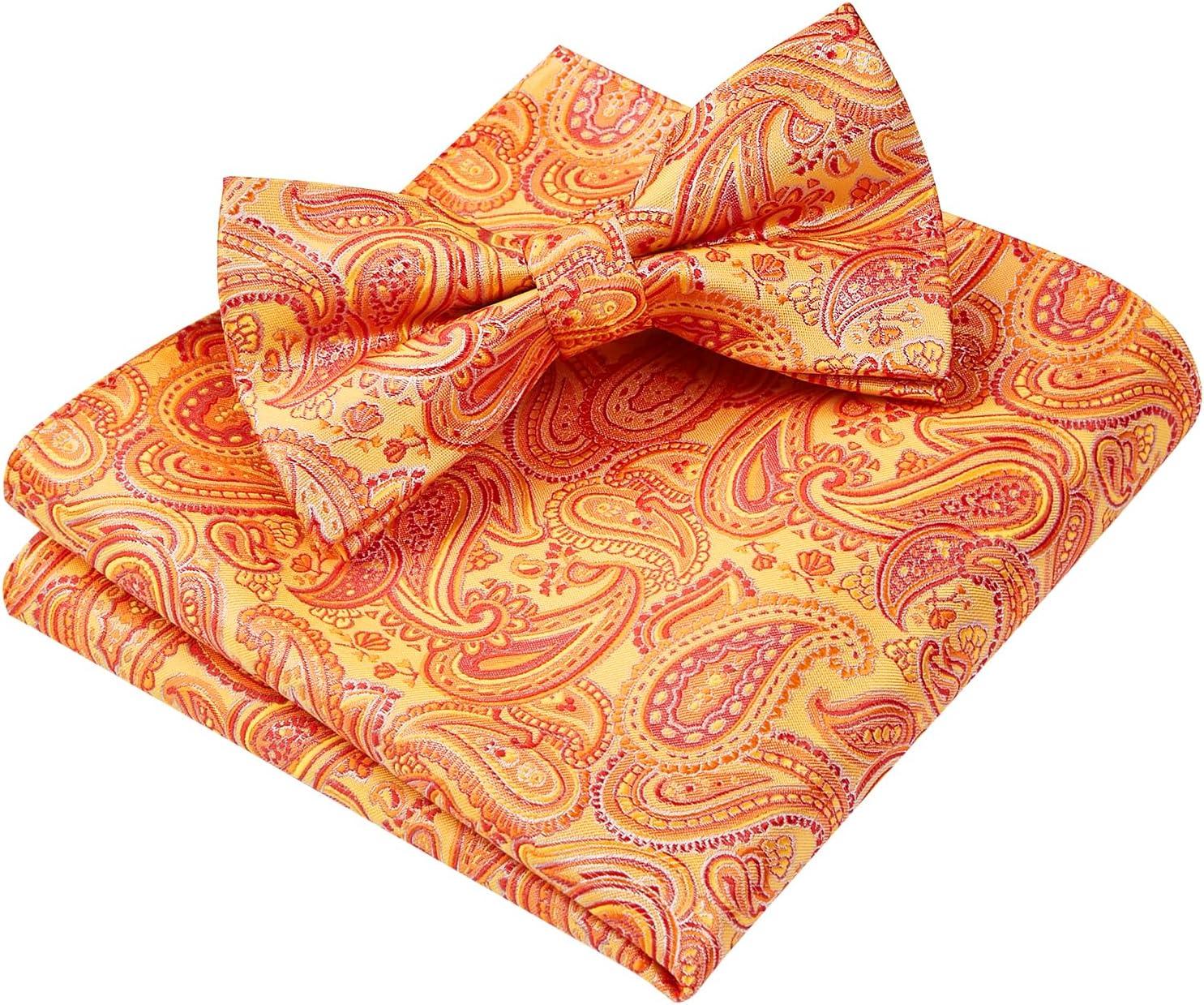 imageHISDERN Bow Ties for Men Paisley Floral Pretied Bowtie Pocket Square Set Mens Formal Bow Ties Wedding PartyOrange