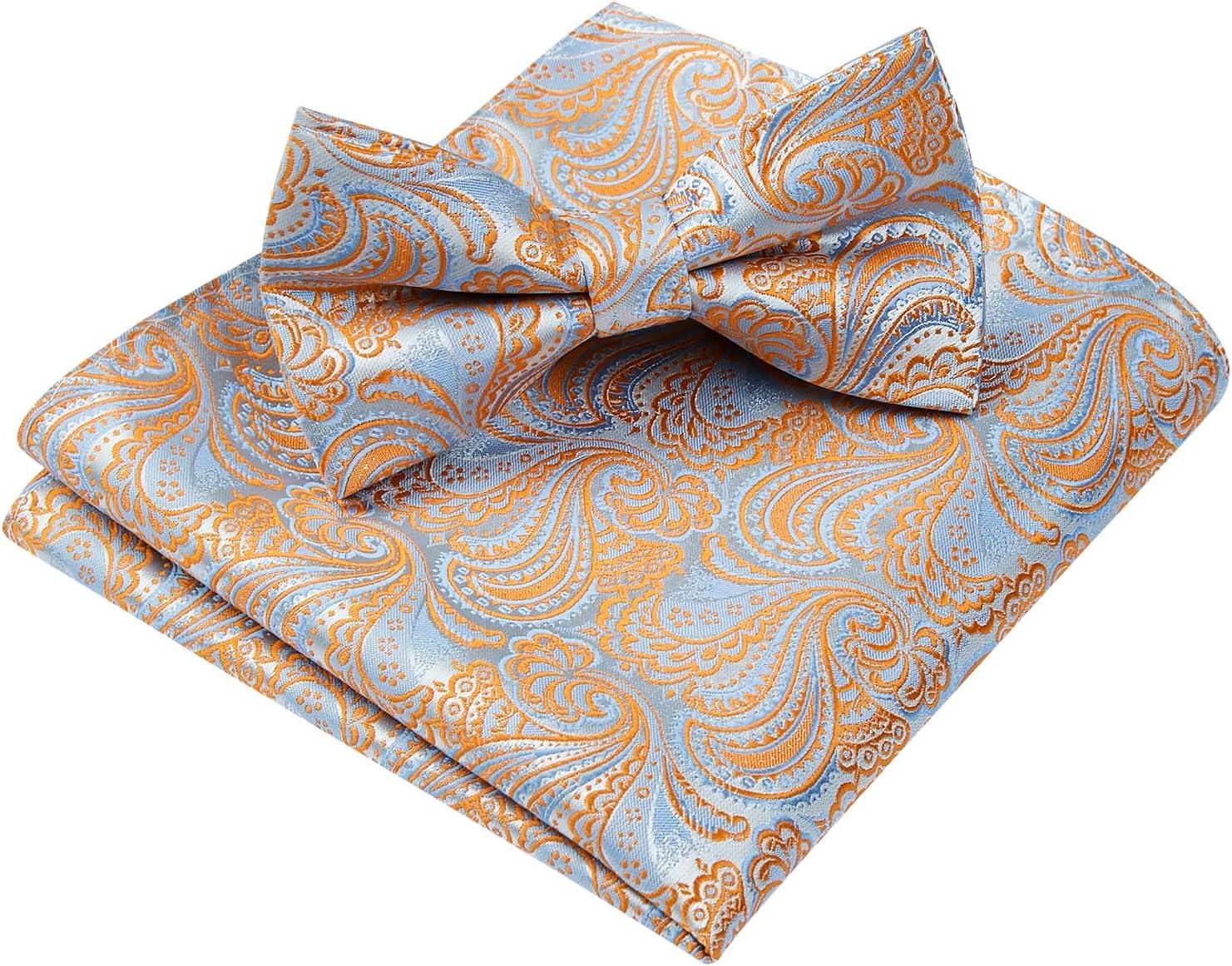 imageHISDERN Bow Ties for Men Paisley Floral Pretied Bowtie Pocket Square Set Mens Formal Bow Ties Wedding PartyOrange Blue