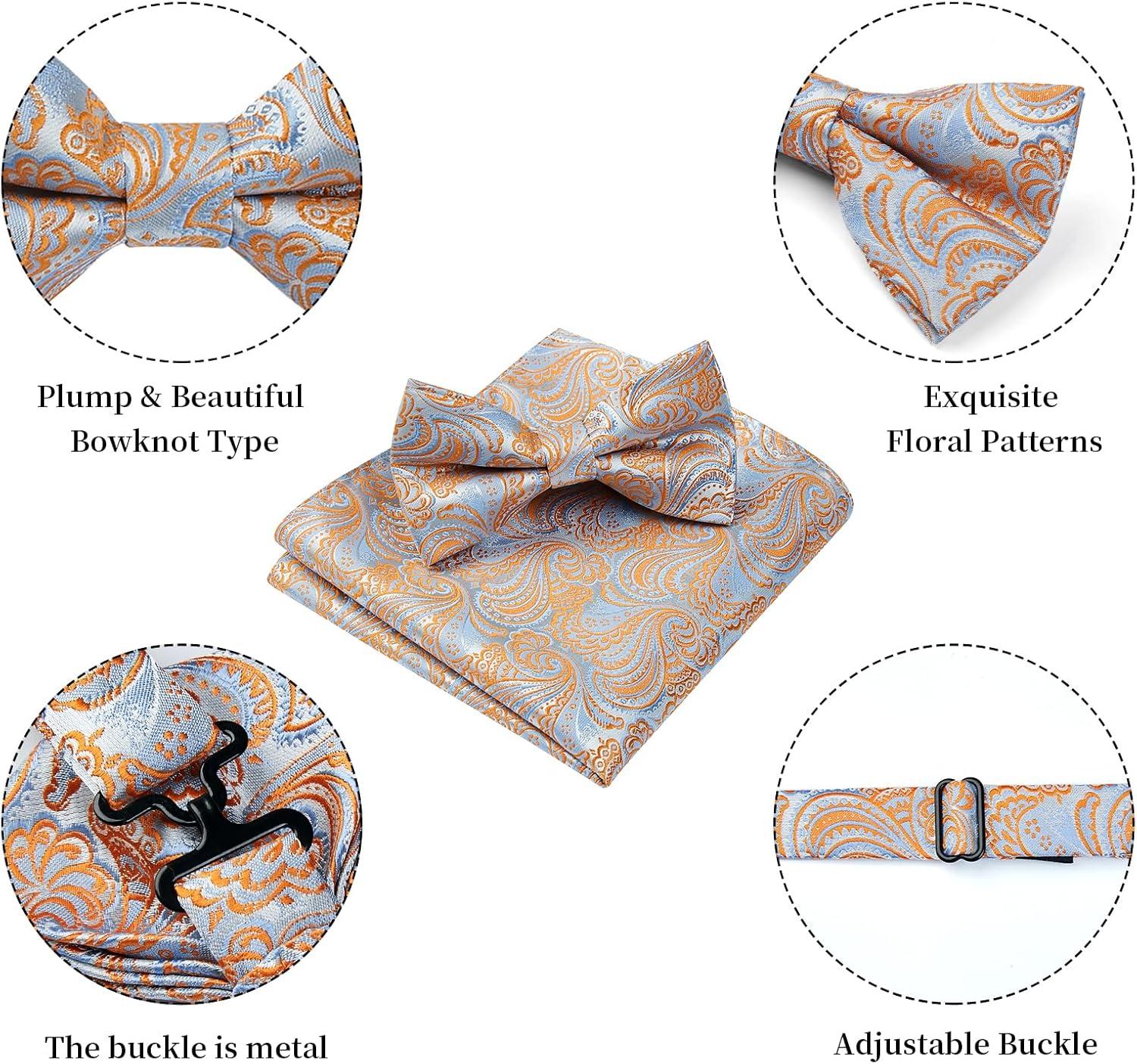 imageHISDERN Bow Ties for Men Paisley Floral Pretied Bowtie Pocket Square Set Mens Formal Bow Ties Wedding PartyOrange Blue