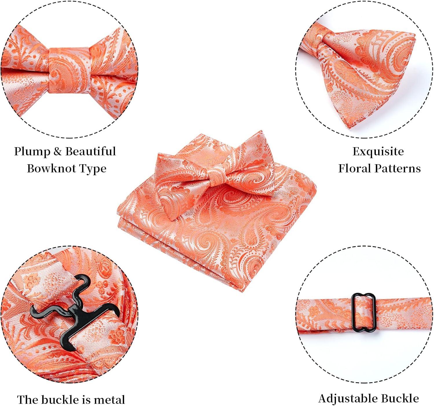 imageHISDERN Bow Ties for Men Paisley Floral Pretied Bowtie Pocket Square Set Mens Formal Bow Ties Wedding PartyOrange1