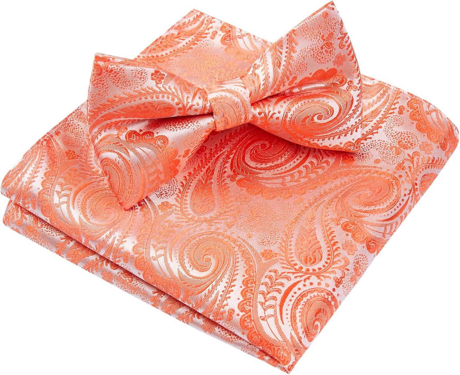 imageHISDERN Bow Ties for Men Paisley Floral Pretied Bowtie Pocket Square Set Mens Formal Bow Ties Wedding PartyOrange1