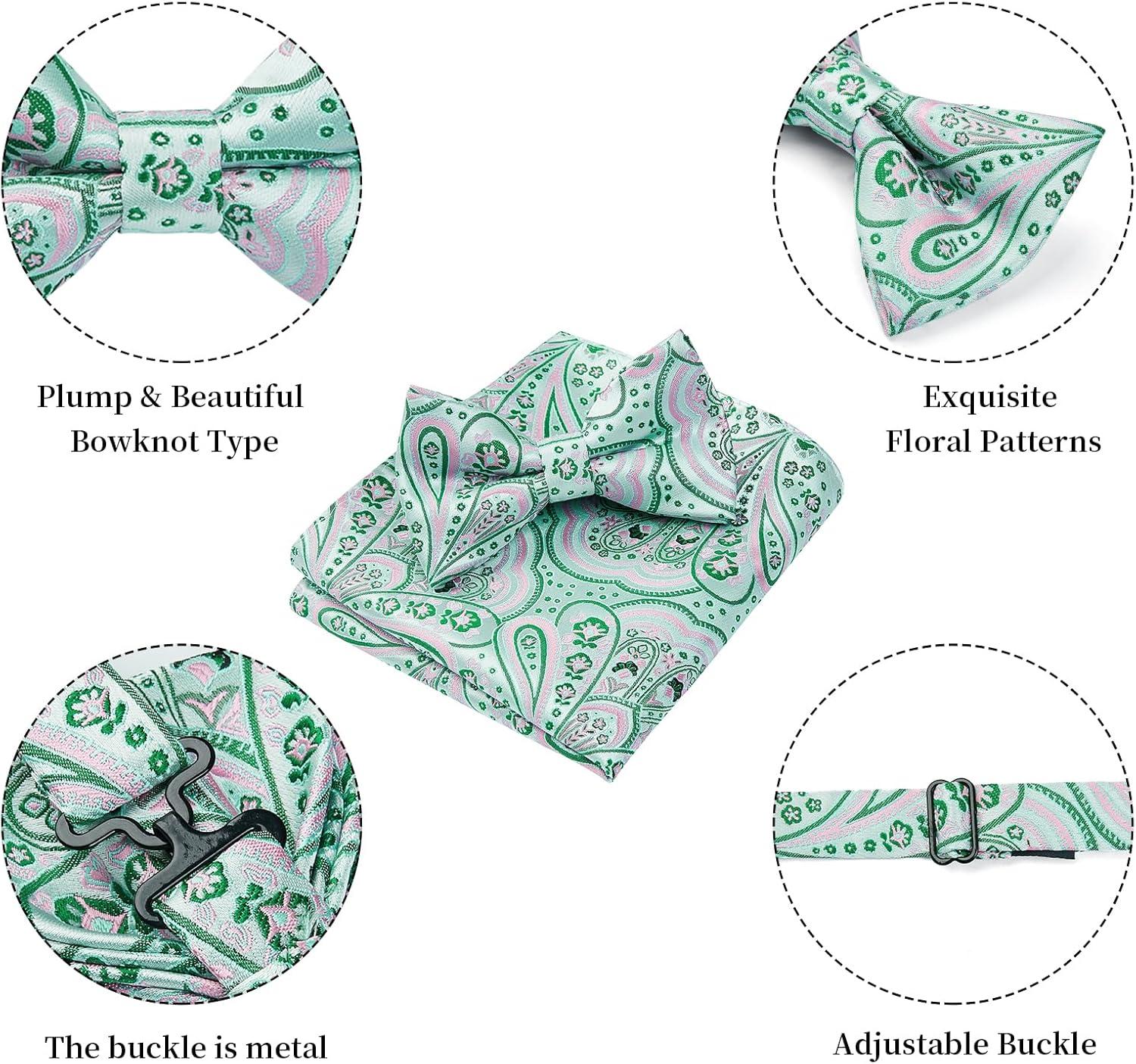 imageHISDERN Bow Ties for Men Paisley Floral Pretied Bowtie Pocket Square Set Mens Formal Bow Ties Wedding PartyPink White