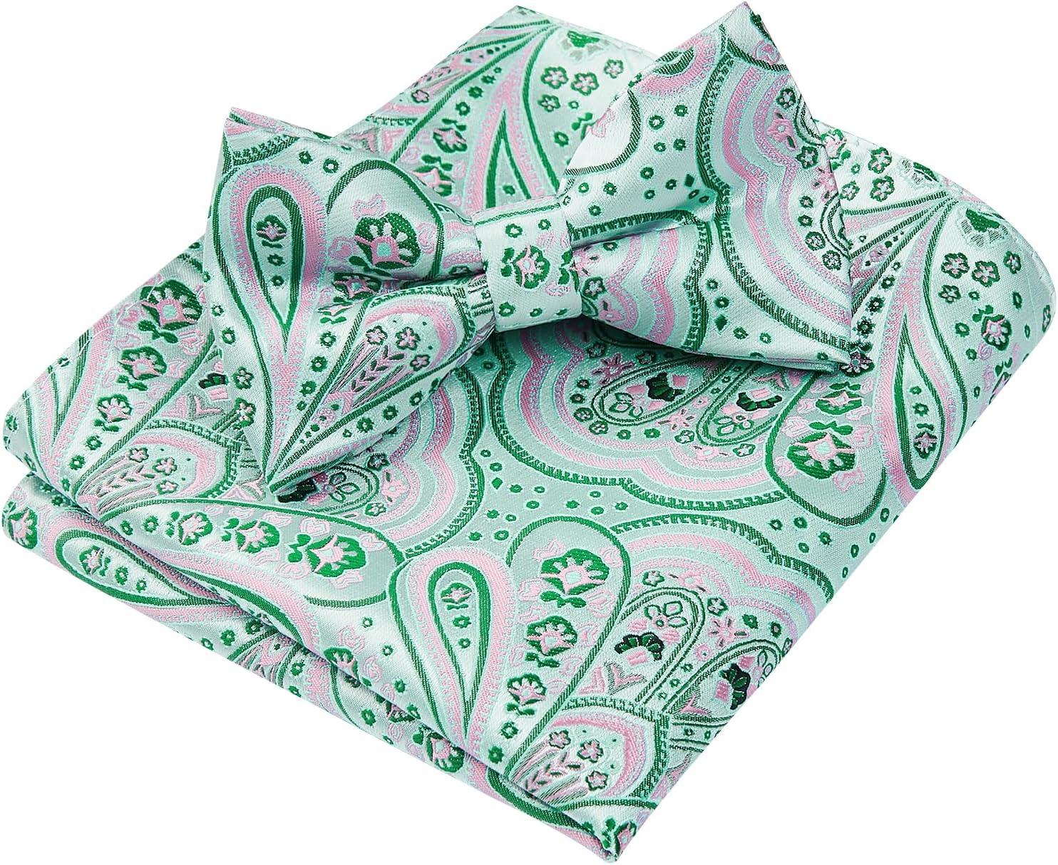 imageHISDERN Bow Ties for Men Paisley Floral Pretied Bowtie Pocket Square Set Mens Formal Bow Ties Wedding PartyPink White