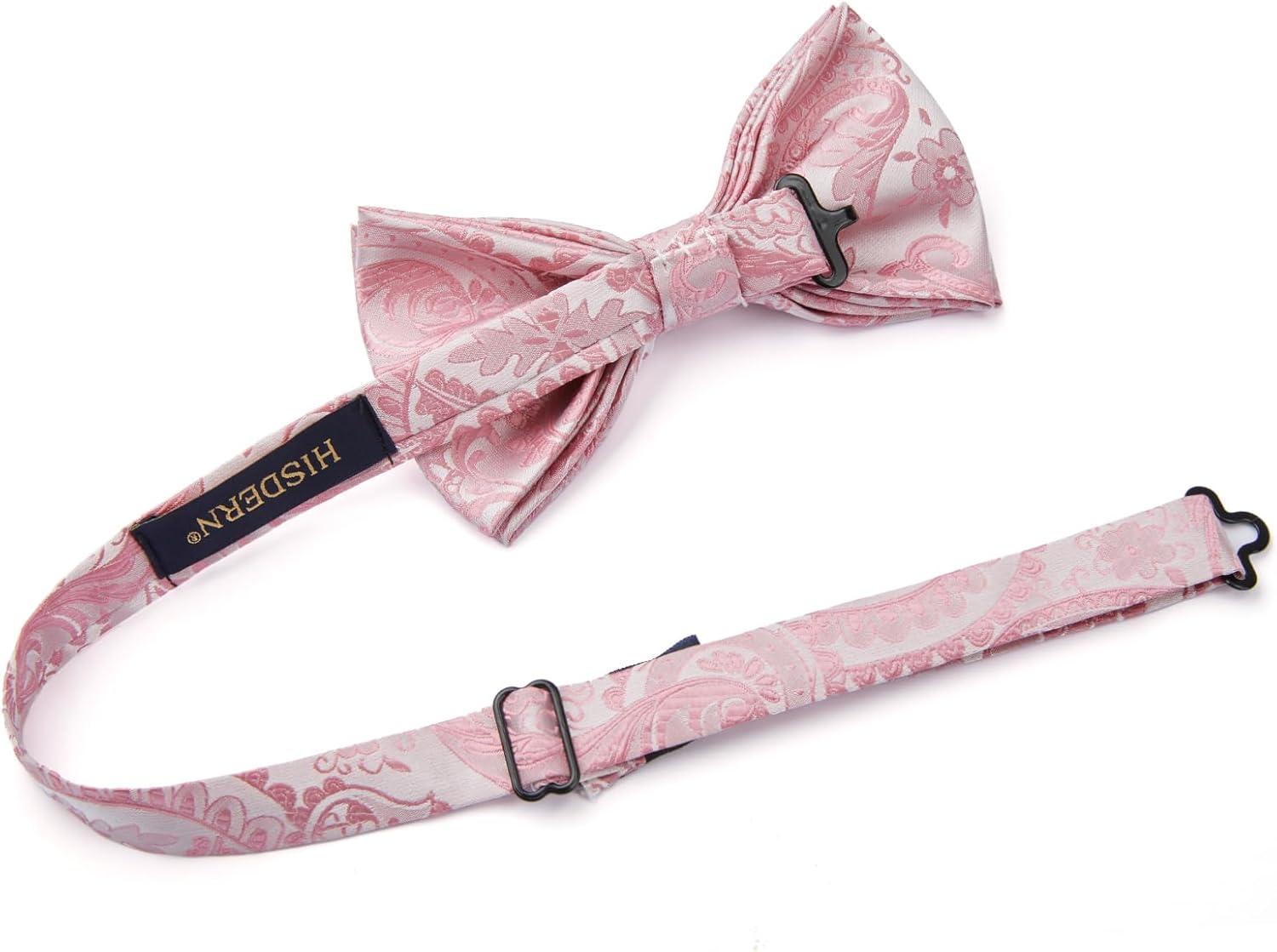 imageHISDERN Bow Ties for Men Paisley Floral Pretied Bowtie Pocket Square Set Mens Formal Bow Ties Wedding PartyPink1