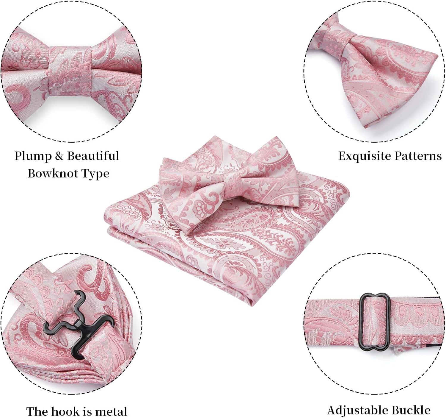 imageHISDERN Bow Ties for Men Paisley Floral Pretied Bowtie Pocket Square Set Mens Formal Bow Ties Wedding PartyPink1