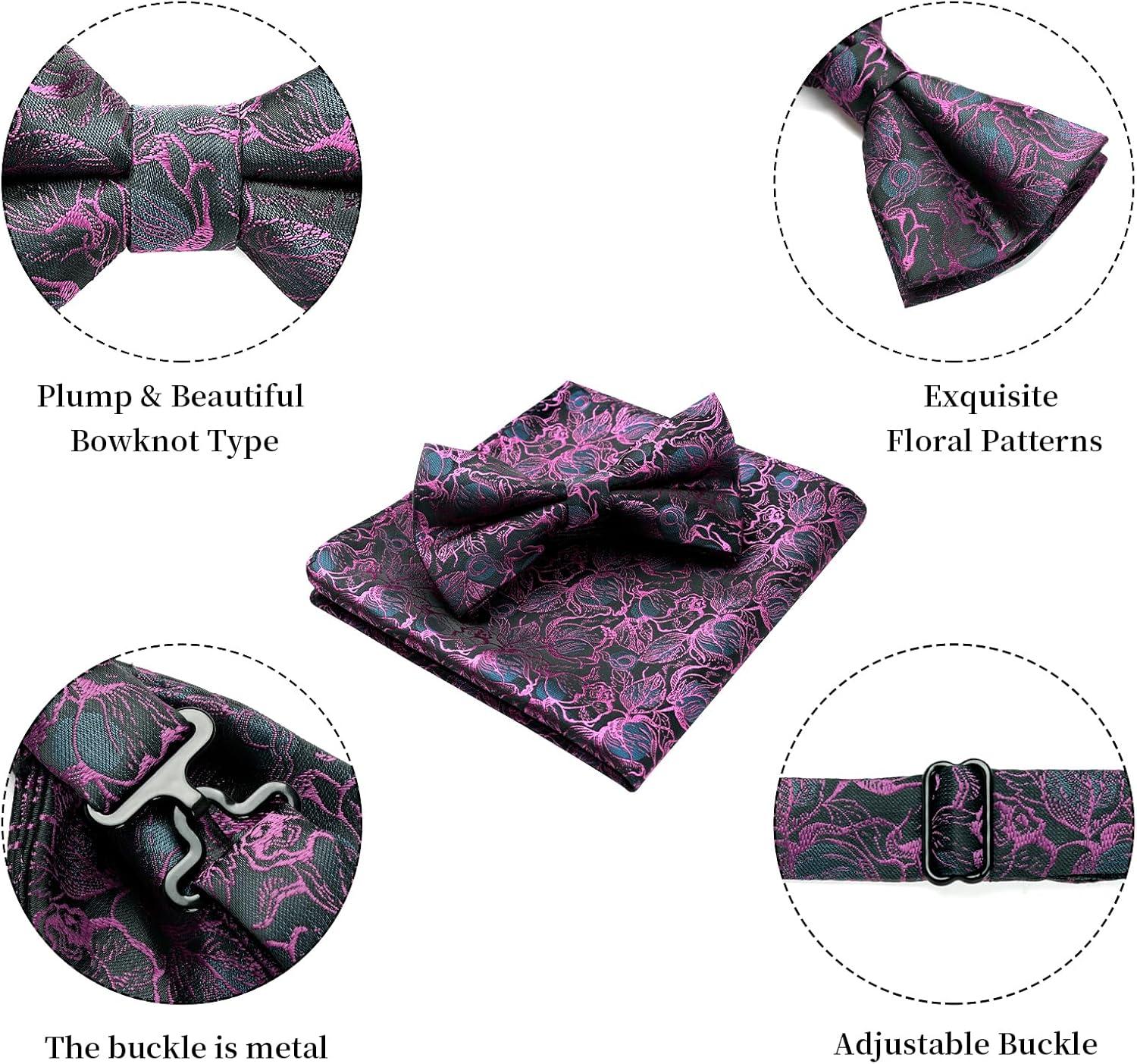 imageHISDERN Bow Ties for Men Paisley Floral Pretied Bowtie Pocket Square Set Mens Formal Bow Ties Wedding PartyPurple