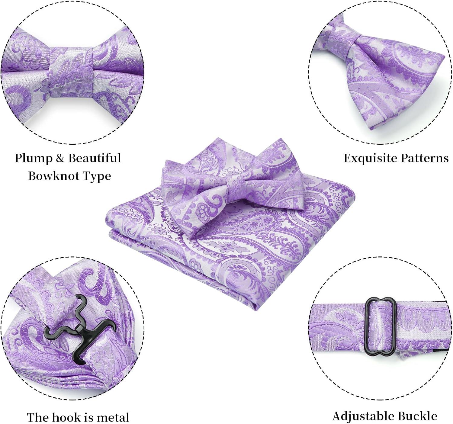 imageHISDERN Bow Ties for Men Paisley Floral Pretied Bowtie Pocket Square Set Mens Formal Bow Ties Wedding PartyPurple1