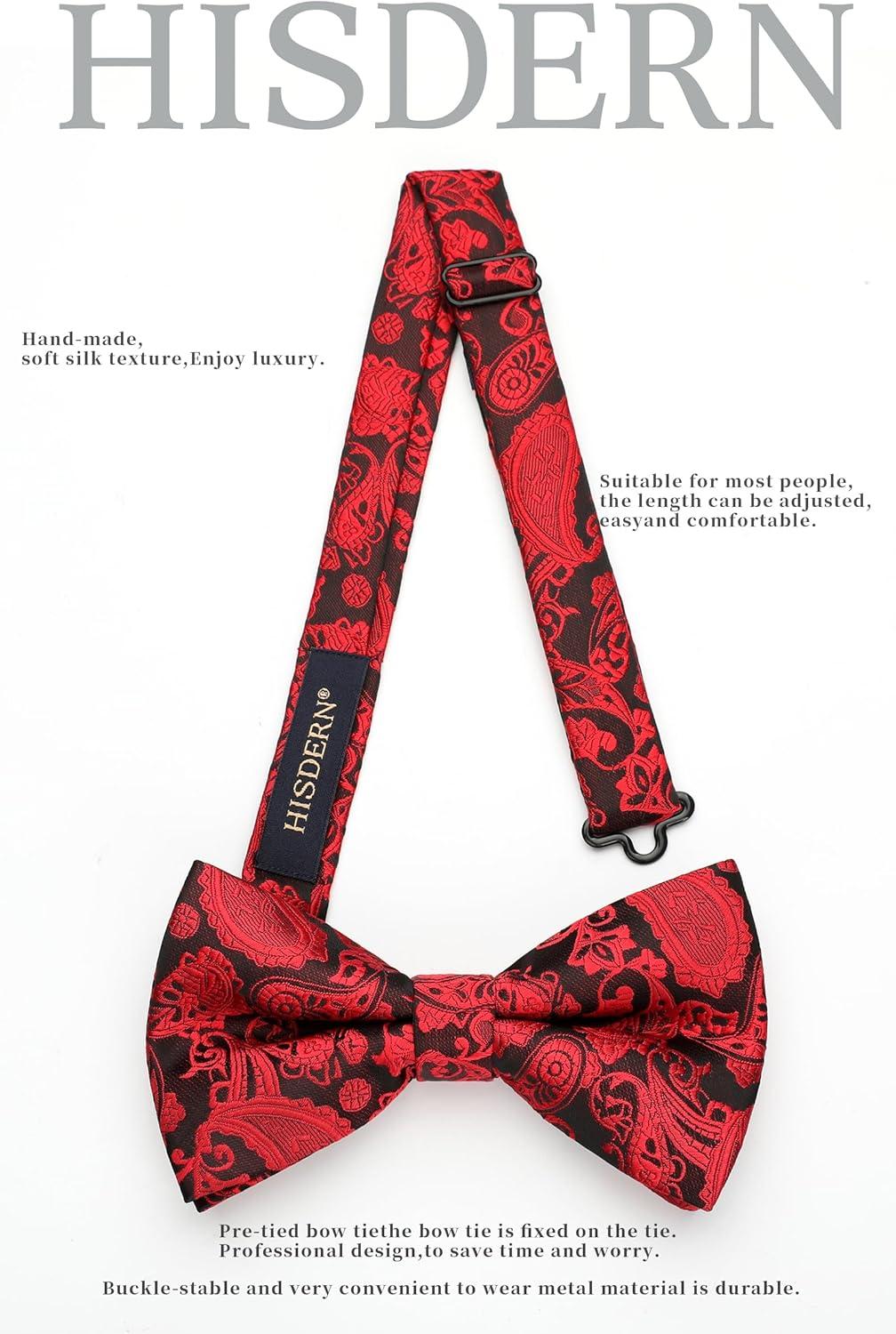 imageHISDERN Bow Ties for Men Paisley Floral Pretied Bowtie Pocket Square Set Mens Formal Bow Ties Wedding PartyRed12