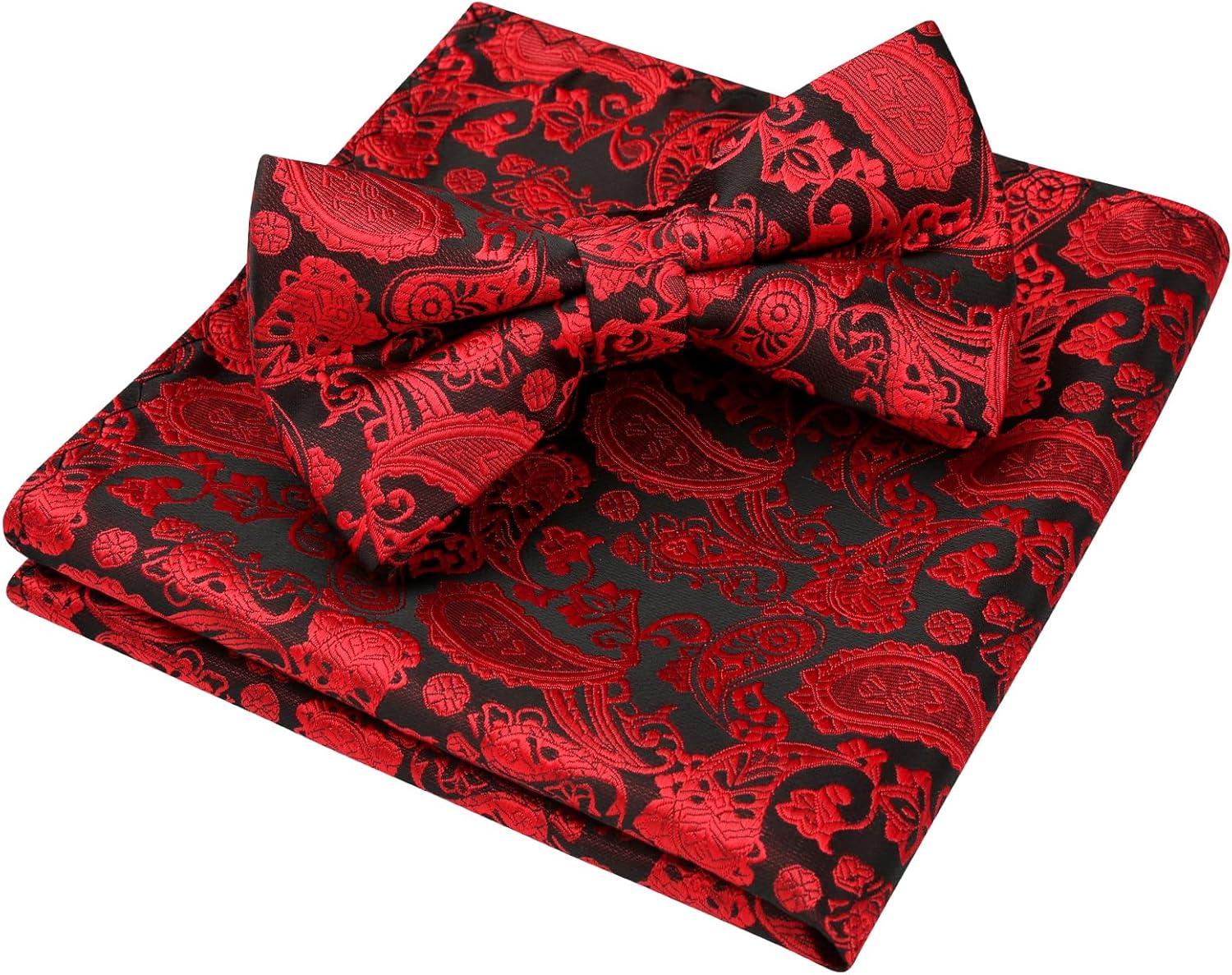 imageHISDERN Bow Ties for Men Paisley Floral Pretied Bowtie Pocket Square Set Mens Formal Bow Ties Wedding PartyRed12