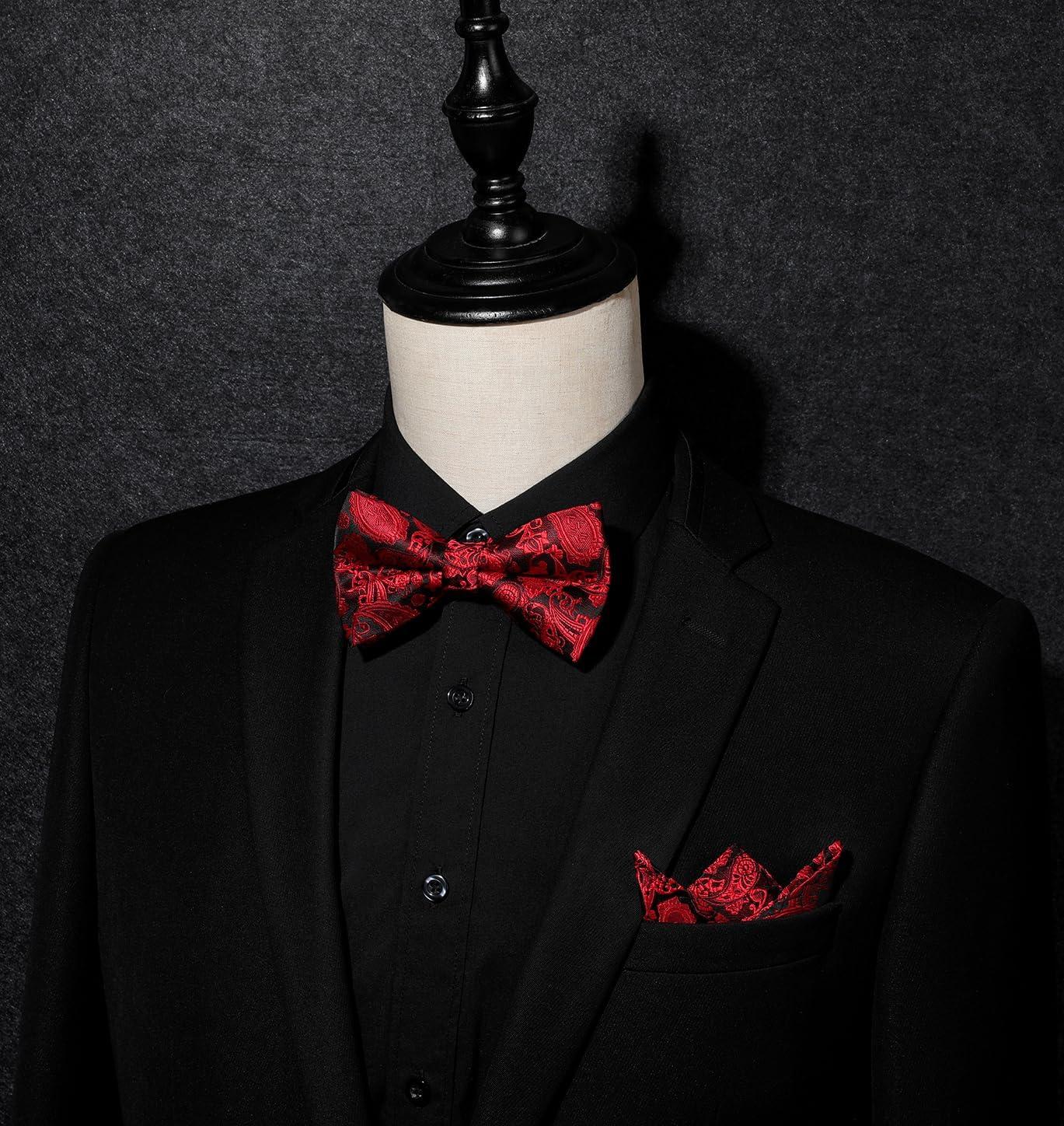 imageHISDERN Bow Ties for Men Paisley Floral Pretied Bowtie Pocket Square Set Mens Formal Bow Ties Wedding PartyRed12