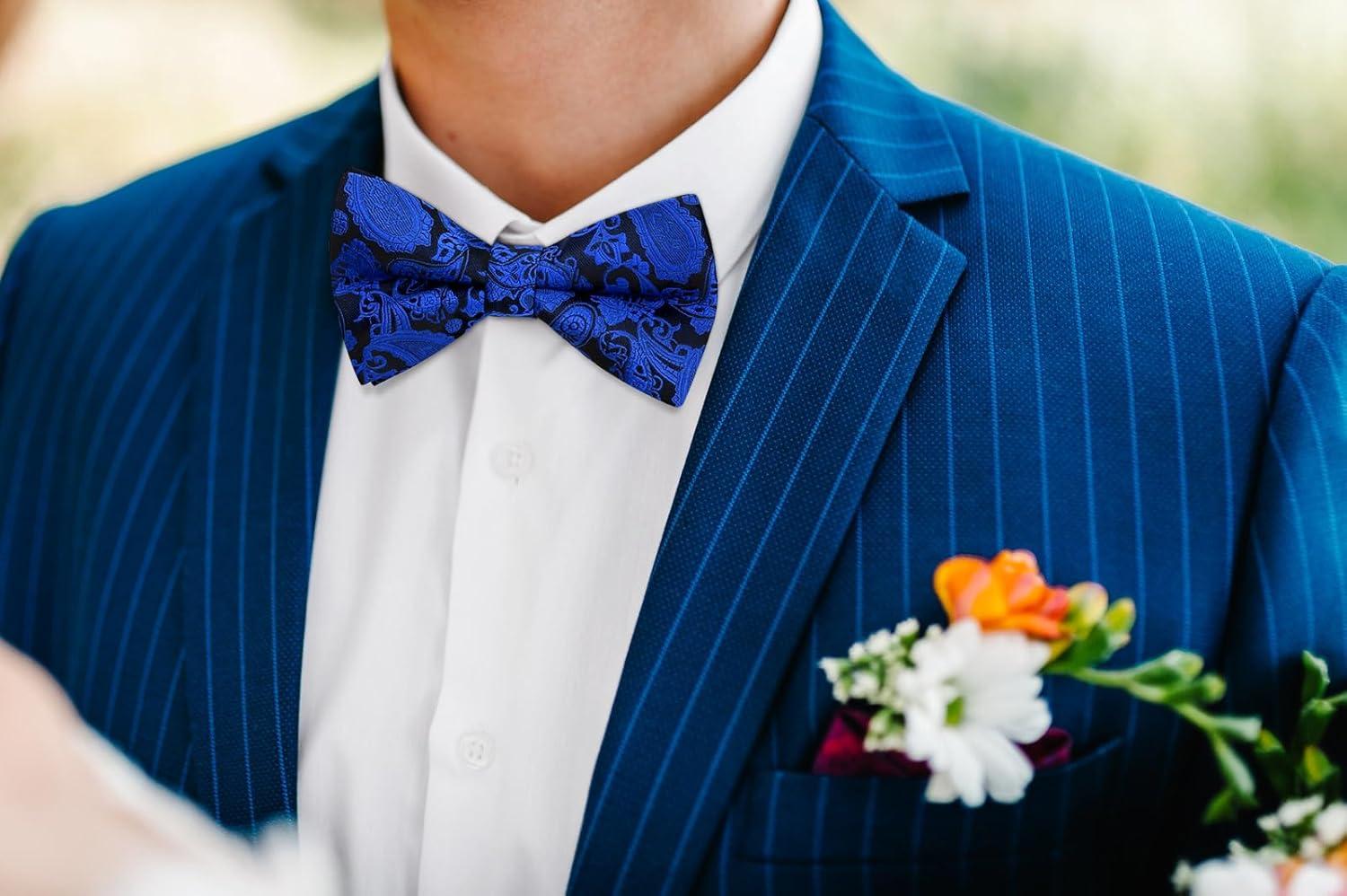 imageHISDERN Bow Ties for Men Paisley Floral Pretied Bowtie Pocket Square Set Mens Formal Bow Ties Wedding PartyRoyal Blue12