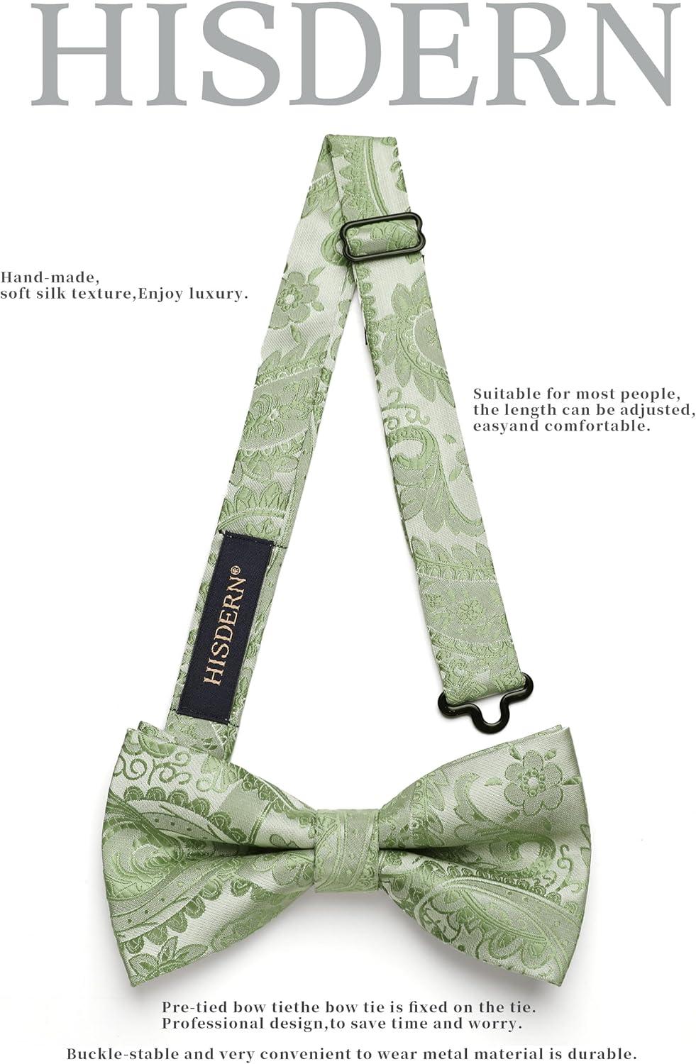 imageHISDERN Bow Ties for Men Paisley Floral Pretied Bowtie Pocket Square Set Mens Formal Bow Ties Wedding PartySage Green Paisley11