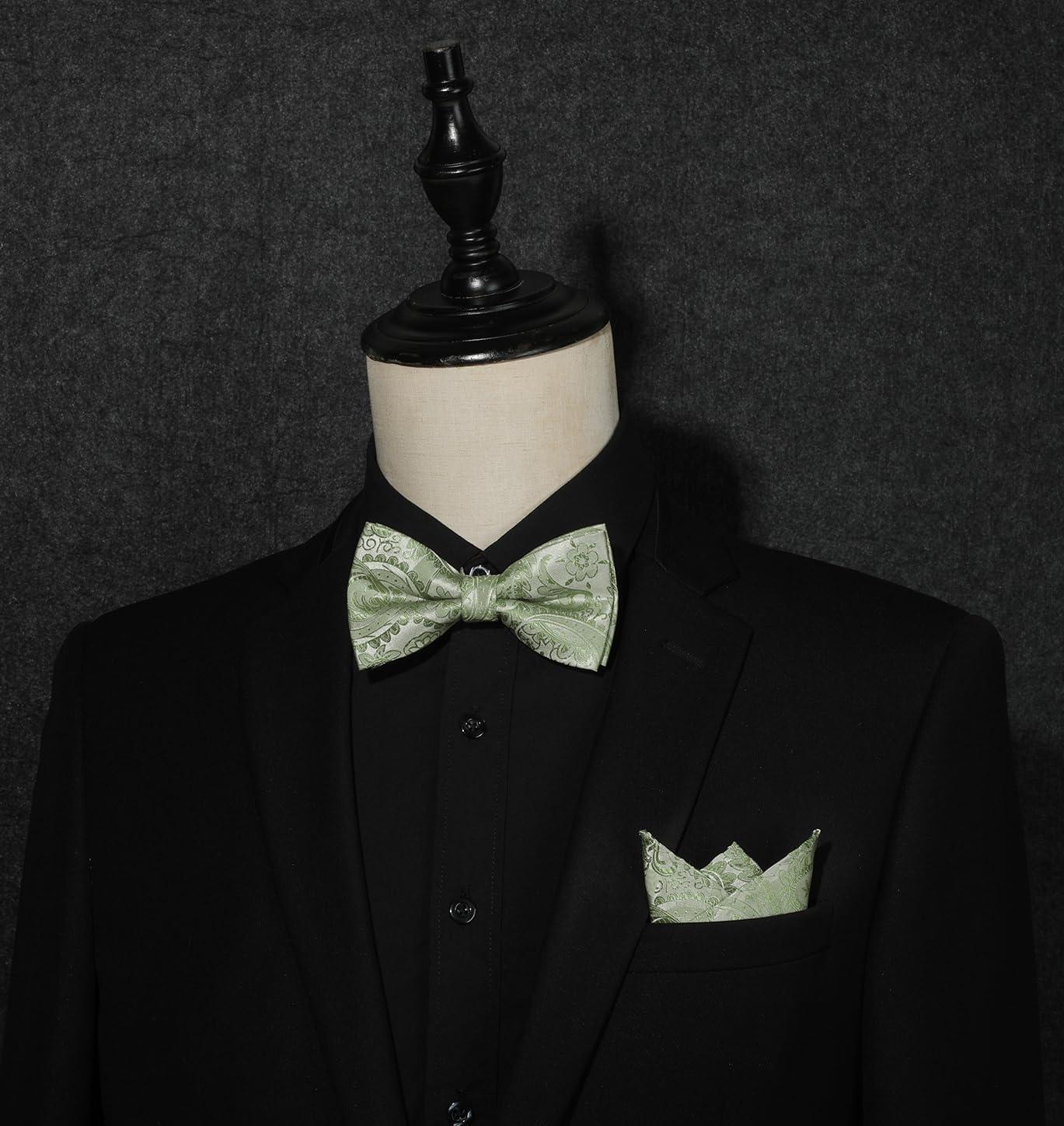 imageHISDERN Bow Ties for Men Paisley Floral Pretied Bowtie Pocket Square Set Mens Formal Bow Ties Wedding PartySage Green Paisley11