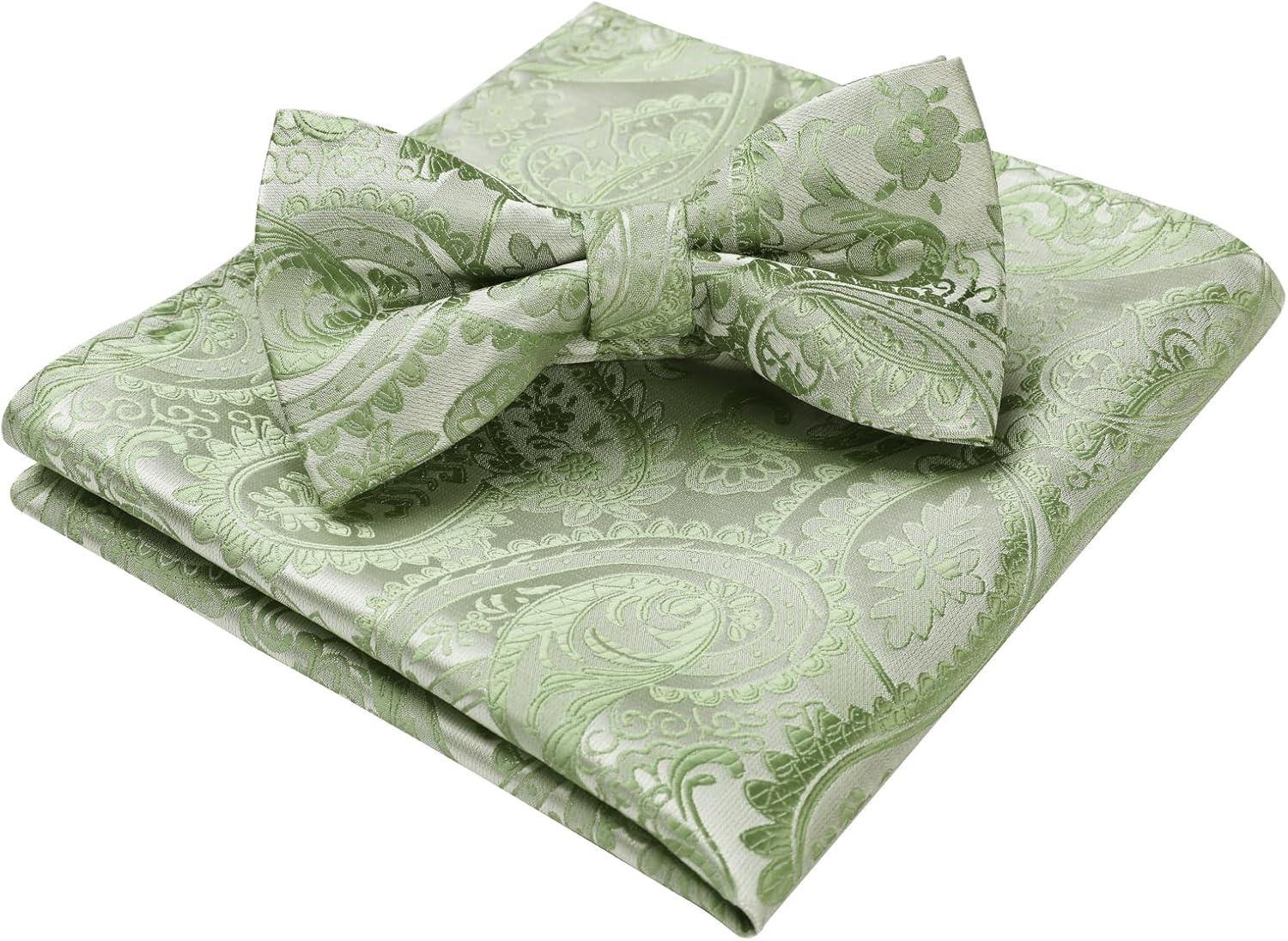 imageHISDERN Bow Ties for Men Paisley Floral Pretied Bowtie Pocket Square Set Mens Formal Bow Ties Wedding PartySage Green Paisley11