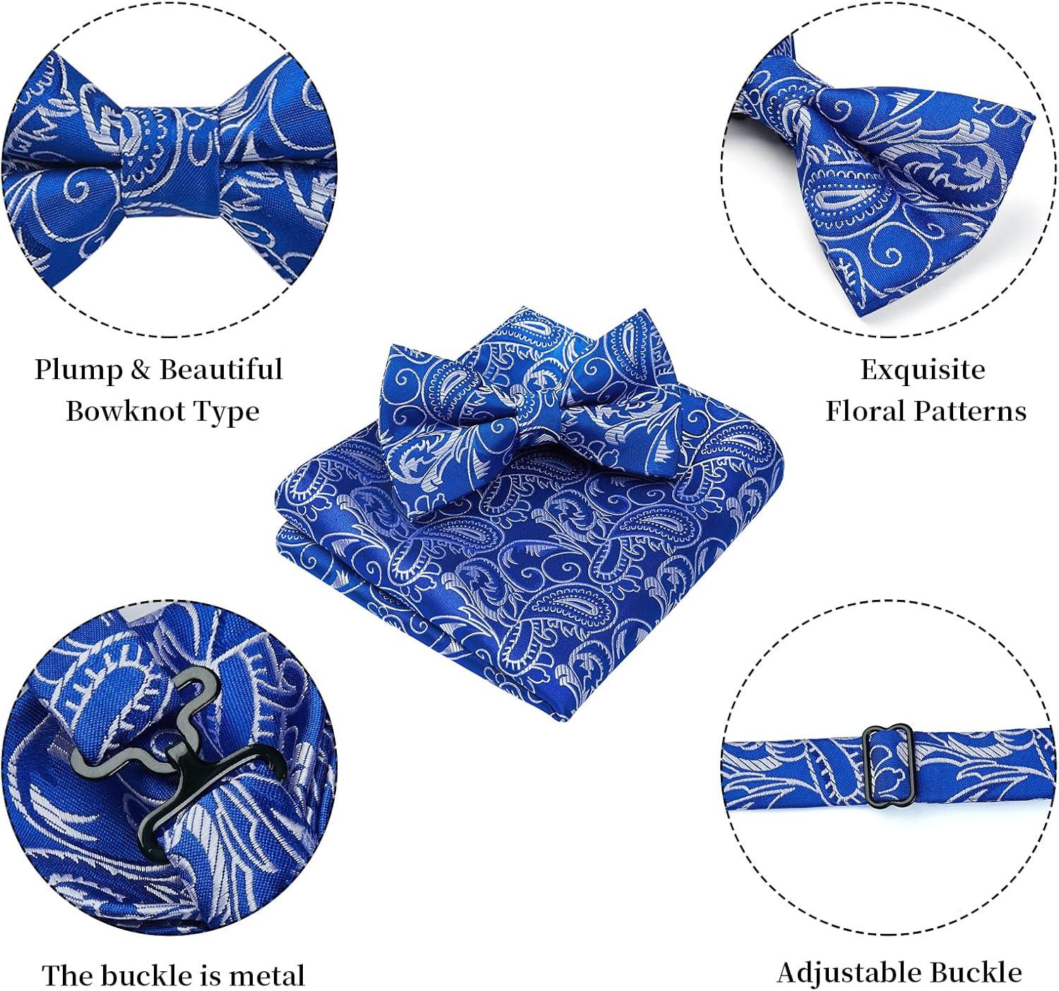 imageHISDERN Bow Ties for Men Paisley Floral Pretied Bowtie Pocket Square Set Mens Formal Bow Ties Wedding PartySapphire Blue