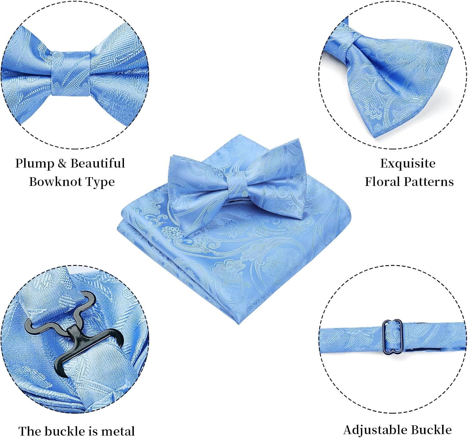 imageHISDERN Bow Ties for Men Paisley Floral Pretied Bowtie Pocket Square Set Mens Formal Bow Ties Wedding PartySky Blue