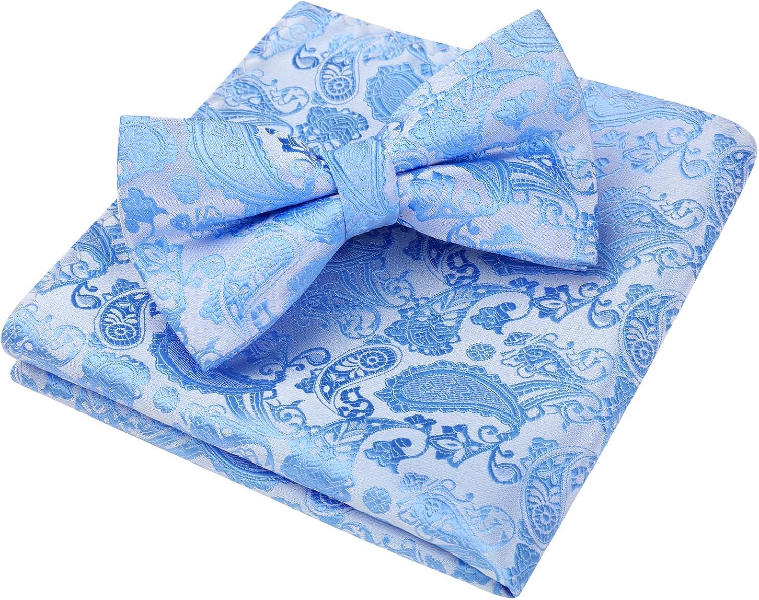 imageHISDERN Bow Ties for Men Paisley Floral Pretied Bowtie Pocket Square Set Mens Formal Bow Ties Wedding PartySky Blue12