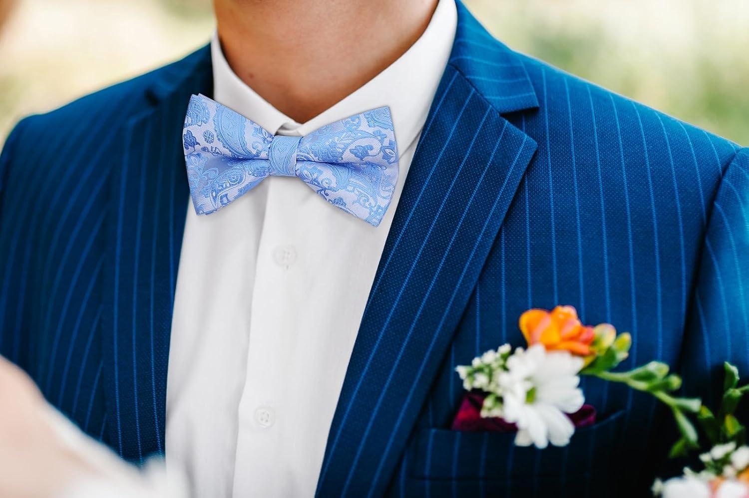imageHISDERN Bow Ties for Men Paisley Floral Pretied Bowtie Pocket Square Set Mens Formal Bow Ties Wedding PartySky Blue12