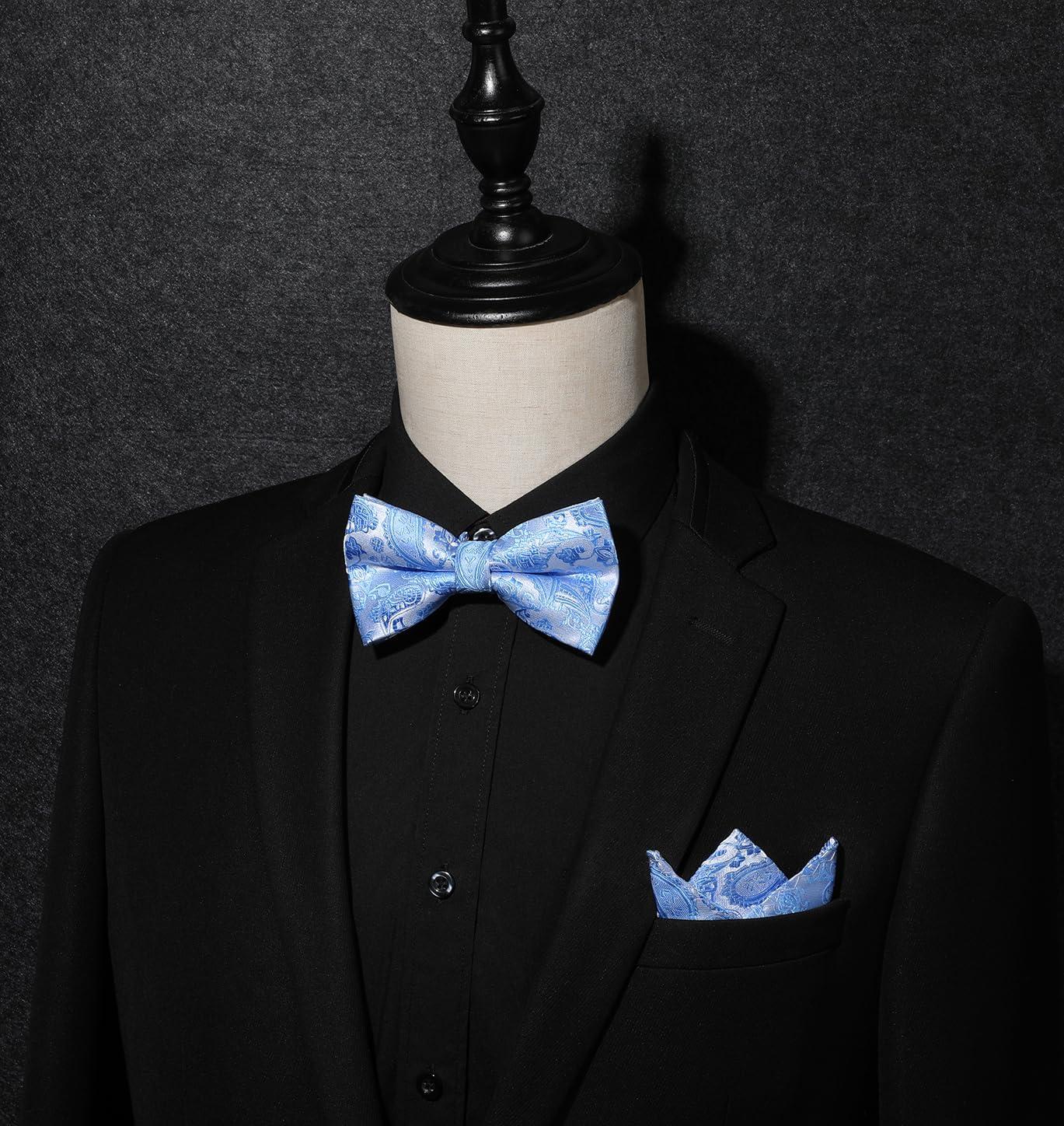 imageHISDERN Bow Ties for Men Paisley Floral Pretied Bowtie Pocket Square Set Mens Formal Bow Ties Wedding PartySky Blue12