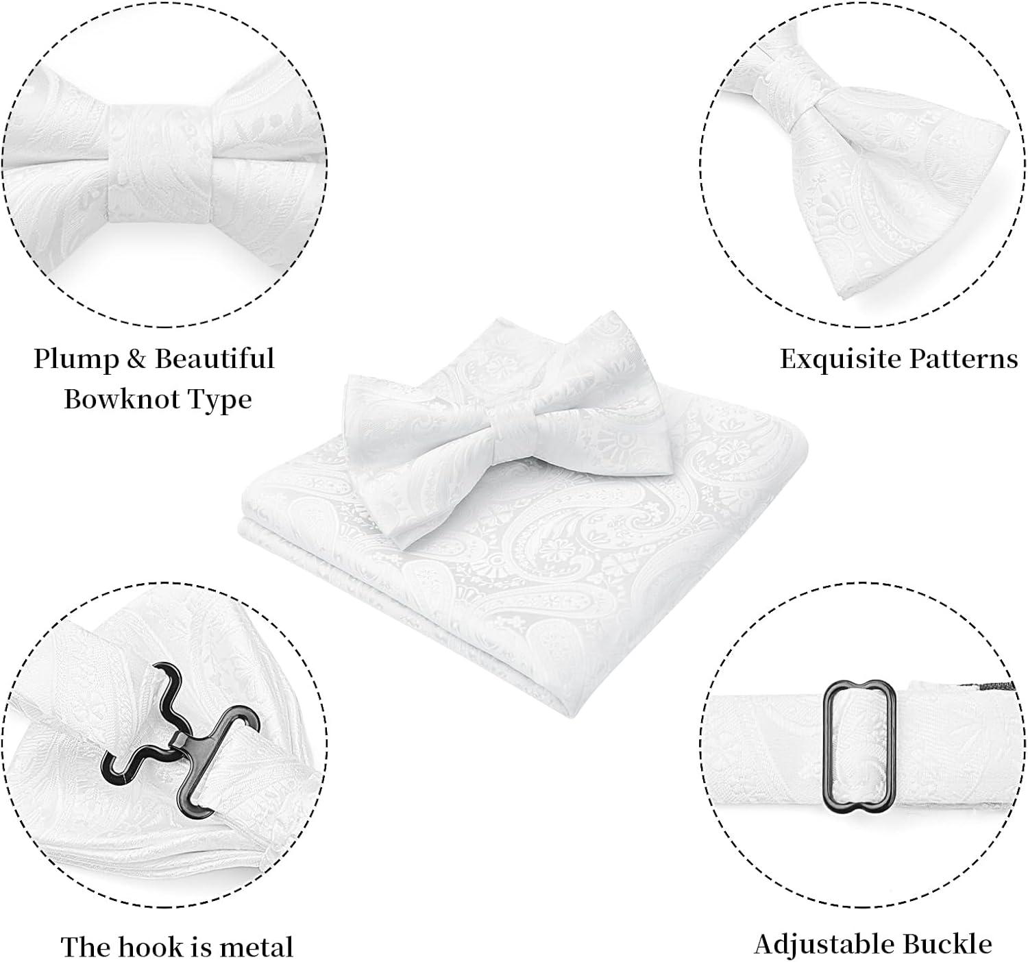 imageHISDERN Bow Ties for Men Paisley Floral Pretied Bowtie Pocket Square Set Mens Formal Bow Ties Wedding PartyWhite