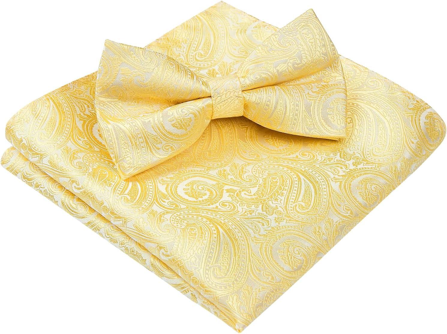 imageHISDERN Bow Ties for Men Paisley Floral Pretied Bowtie Pocket Square Set Mens Formal Bow Ties Wedding PartyYellow
