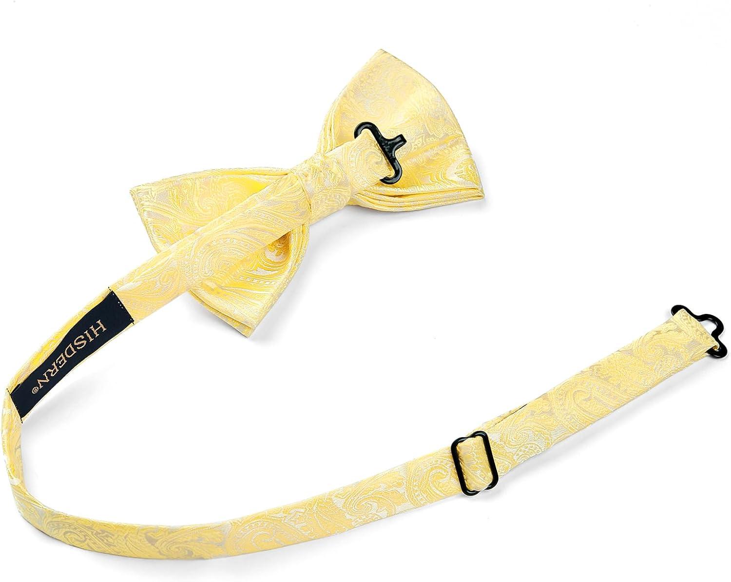 imageHISDERN Bow Ties for Men Paisley Floral Pretied Bowtie Pocket Square Set Mens Formal Bow Ties Wedding PartyYellow