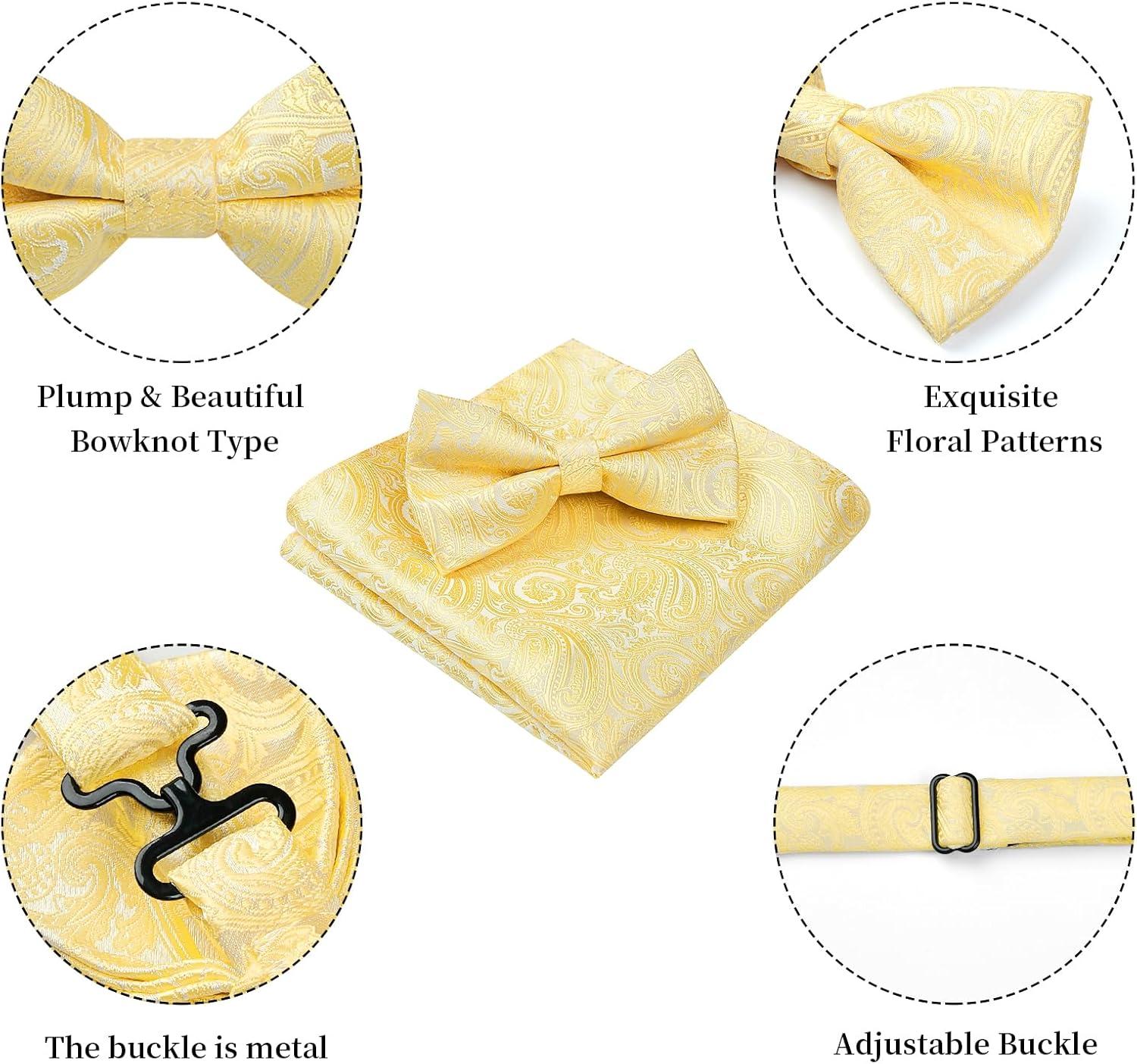 imageHISDERN Bow Ties for Men Paisley Floral Pretied Bowtie Pocket Square Set Mens Formal Bow Ties Wedding PartyYellow