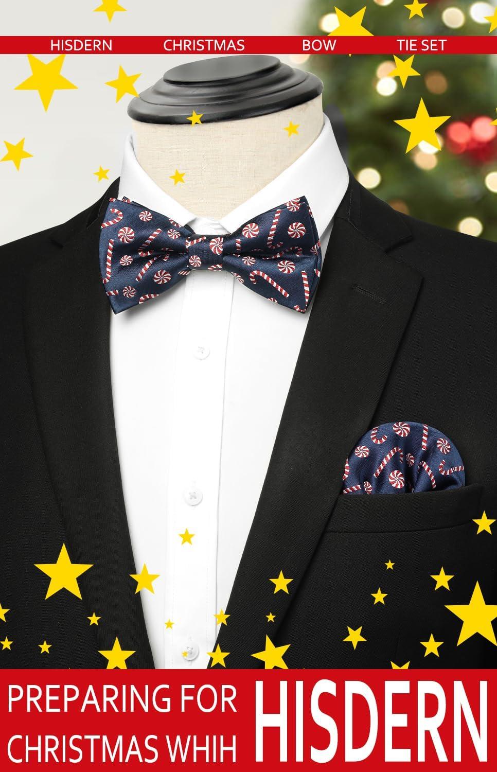 imageHISDERN Christmas Mens Bow Ties Set Holiday Festival Bow Tie and Pocket Square Set with Gift Box Bow Ties for Men Pretied05blue  White  Red