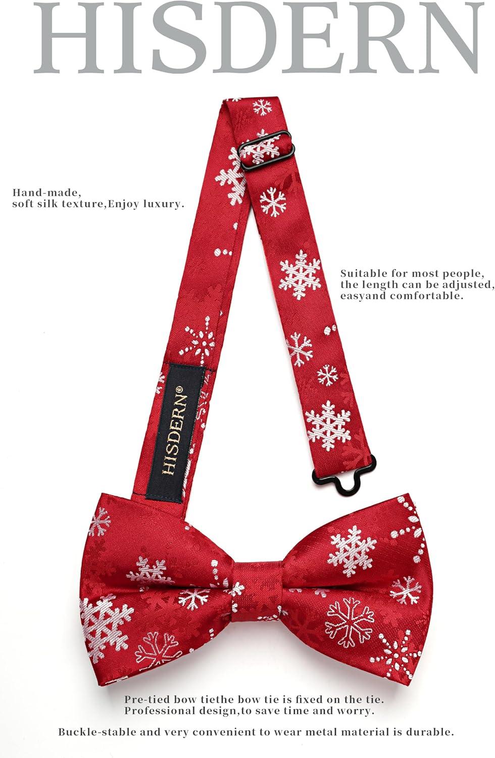 imageHISDERN Christmas Mens Bow Ties Set Holiday Festival Bow Tie and Pocket Square Set with Gift Box Bow Ties for Men Pretied06red  White