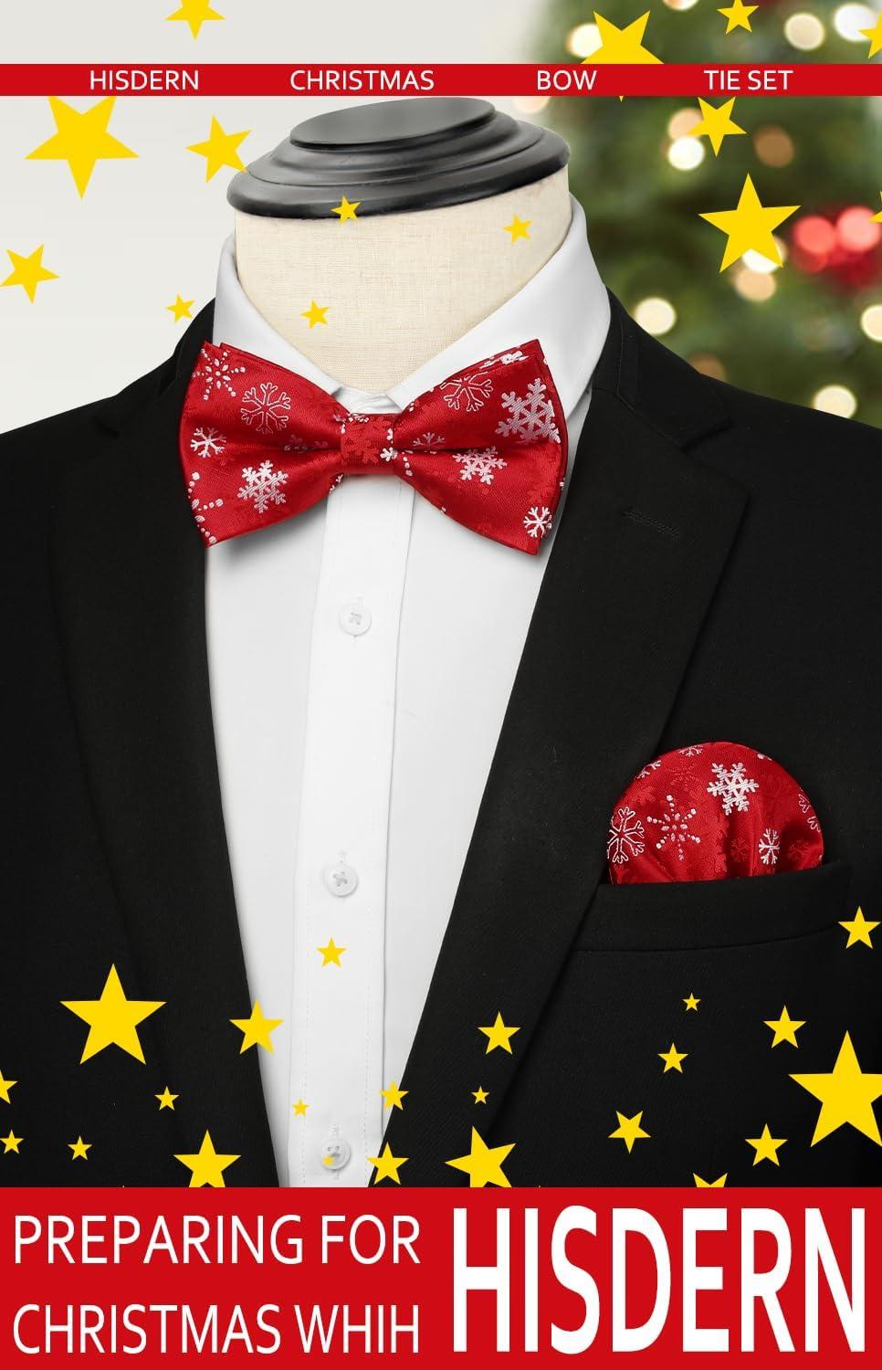 imageHISDERN Christmas Mens Bow Ties Set Holiday Festival Bow Tie and Pocket Square Set with Gift Box Bow Ties for Men Pretied06red  White