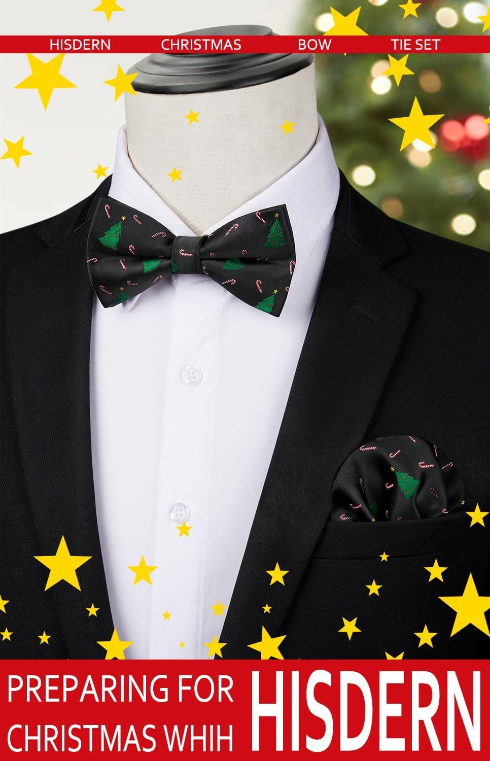 imageHISDERN Christmas Mens Bow Ties Set Holiday Festival Bow Tie and Pocket Square Set with Gift Box Bow Ties for Men Pretied09black Christmas Tree