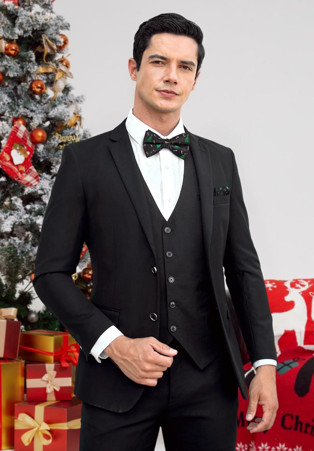 imageHISDERN Christmas Mens Bow Ties Set Holiday Festival Bow Tie and Pocket Square Set with Gift Box Bow Ties for Men Pretied09black Christmas Tree