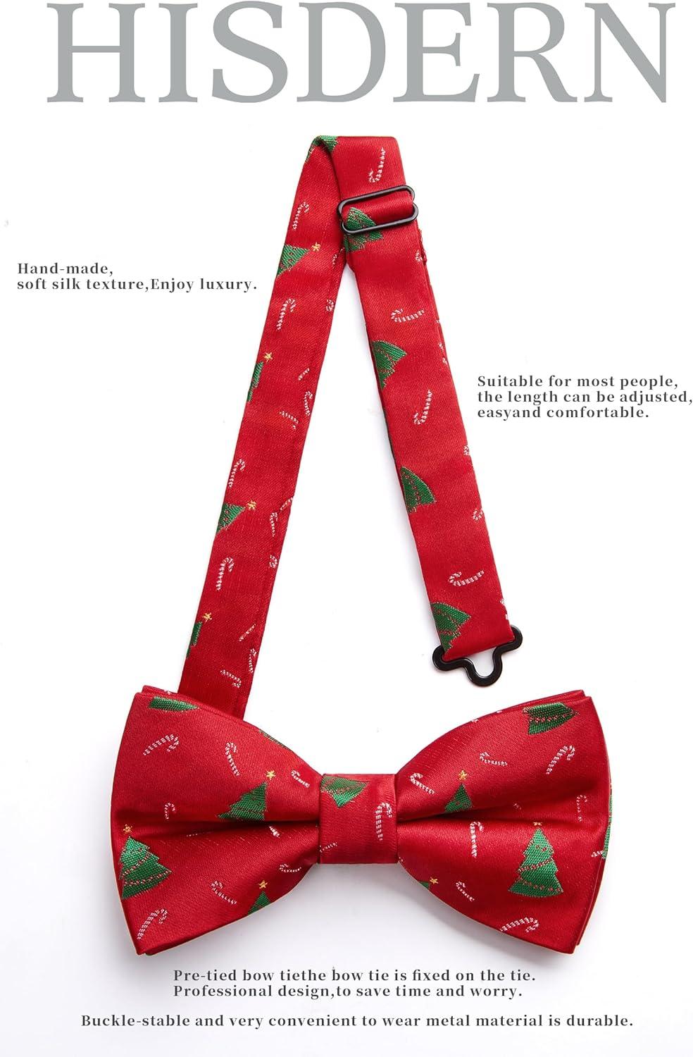 imageHISDERN Christmas Mens Bow Ties Set Holiday Festival Bow Tie and Pocket Square Set with Gift Box Bow Ties for Men Pretied10red Christmas Tree
