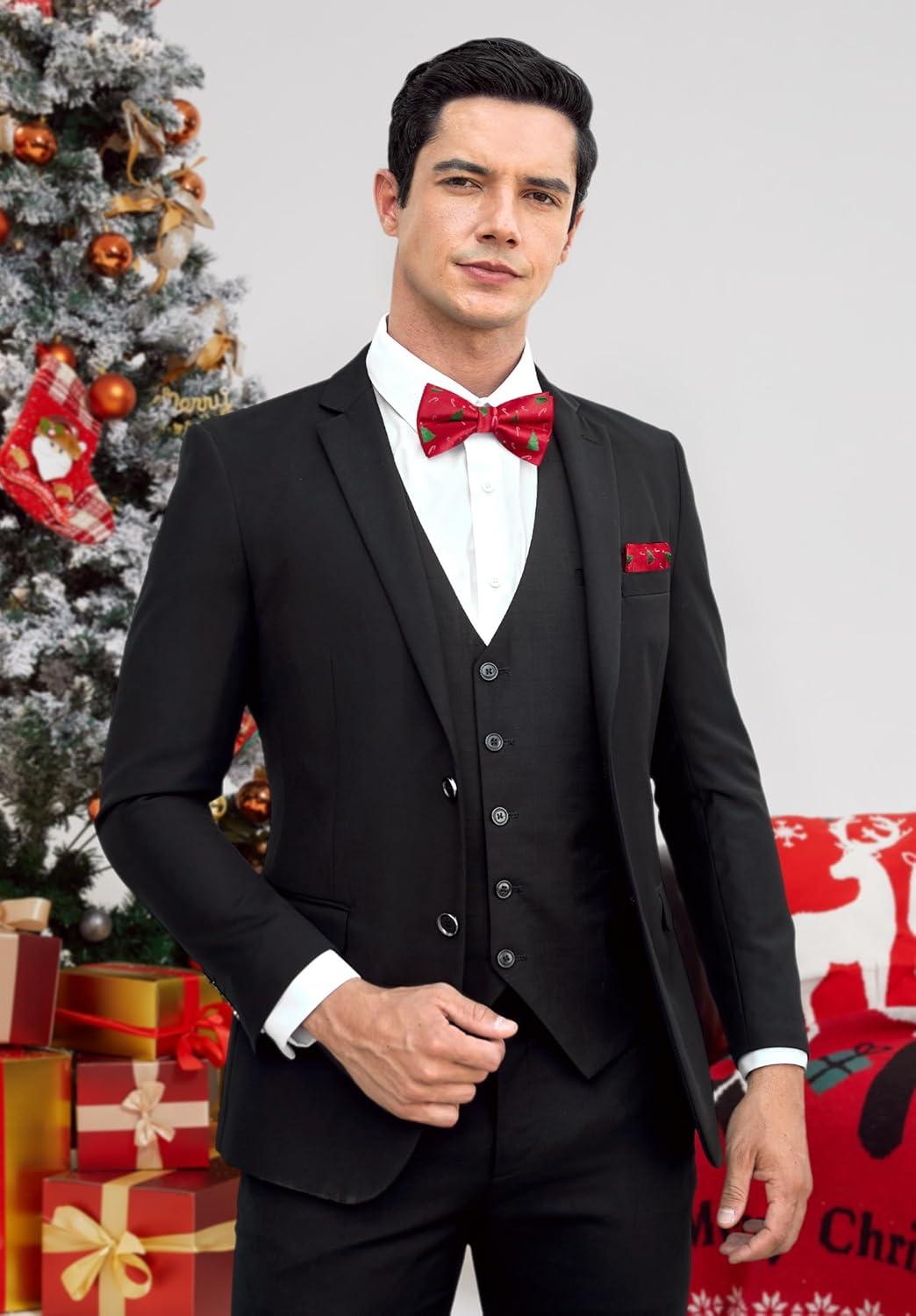 imageHISDERN Christmas Mens Bow Ties Set Holiday Festival Bow Tie and Pocket Square Set with Gift Box Bow Ties for Men Pretied10red Christmas Tree