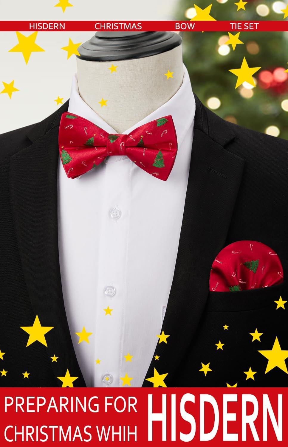 imageHISDERN Christmas Mens Bow Ties Set Holiday Festival Bow Tie and Pocket Square Set with Gift Box Bow Ties for Men Pretied10red Christmas Tree