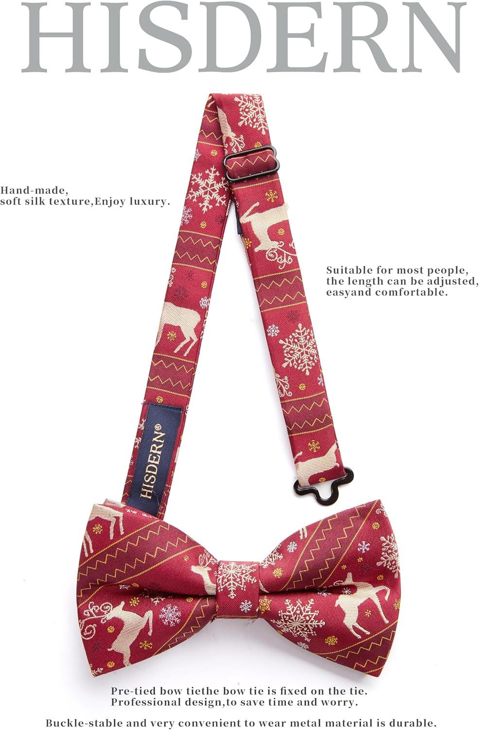 imageHISDERN Christmas Mens Bow Ties Set Holiday Festival Bow Tie and Pocket Square Set with Gift Box Bow Ties for Men Pretied15burgundy Deer